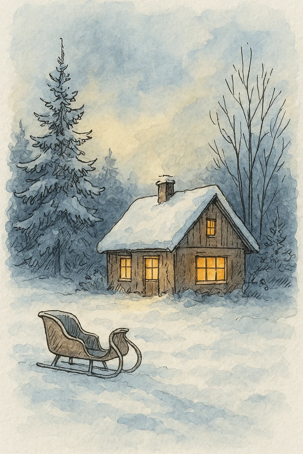 Cozy winter watercolor illustration of a wooden cabin with glowing windows surrounded by snow, pine trees, and an empty sleigh, peaceful Christmas countryside night scene