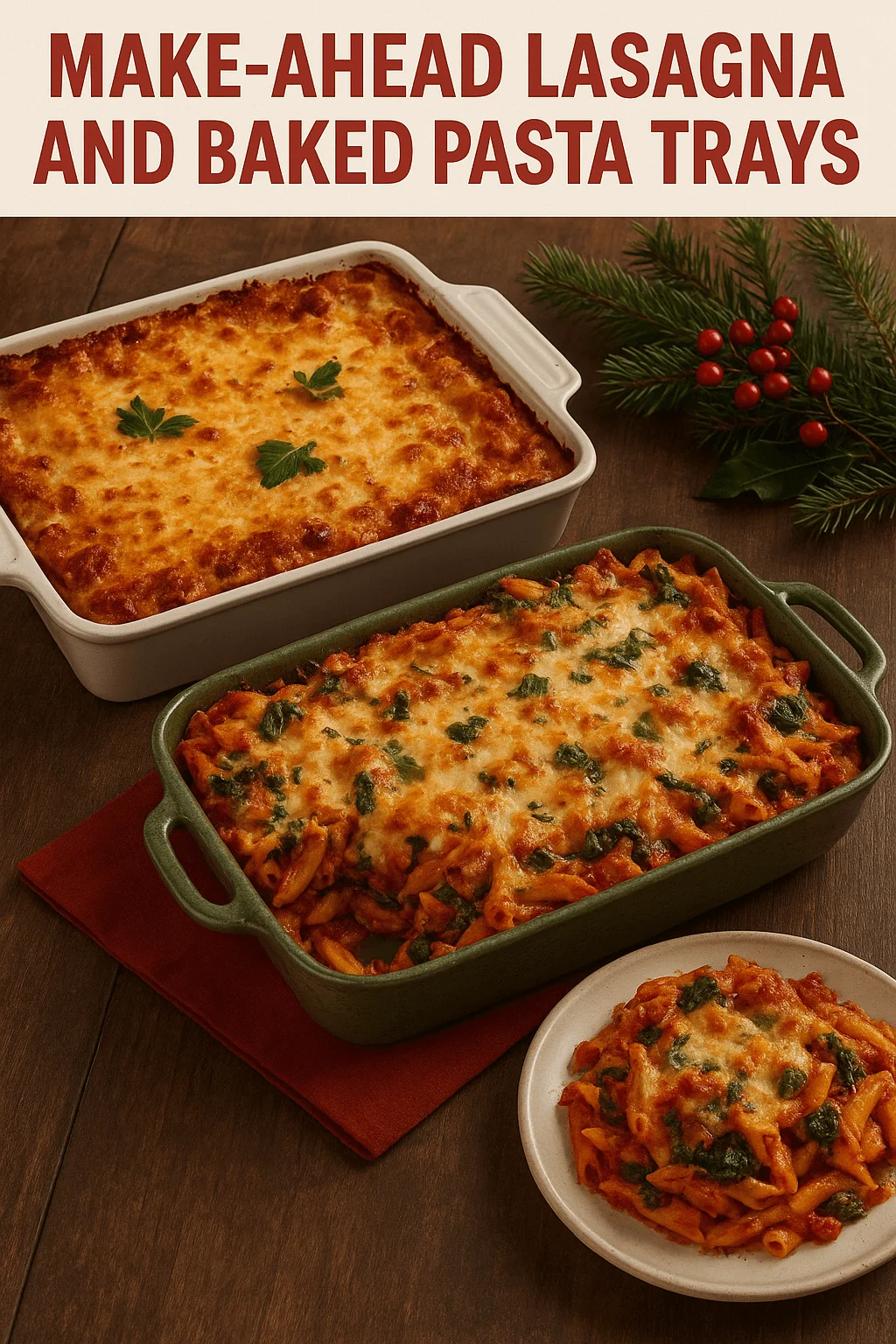 Cheesy make-ahead lasagna and baked pasta trays fresh from the oven, topped with melted mozzarella and parsley, perfect for easy holiday or family dinners.