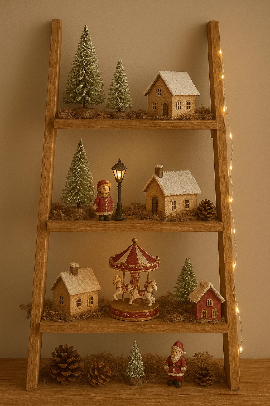 Wooden ladder shelf decorated with miniature snowy houses, Christmas trees, pinecones, and figurines including Santa and a carousel, creating a cozy interactive holiday village display