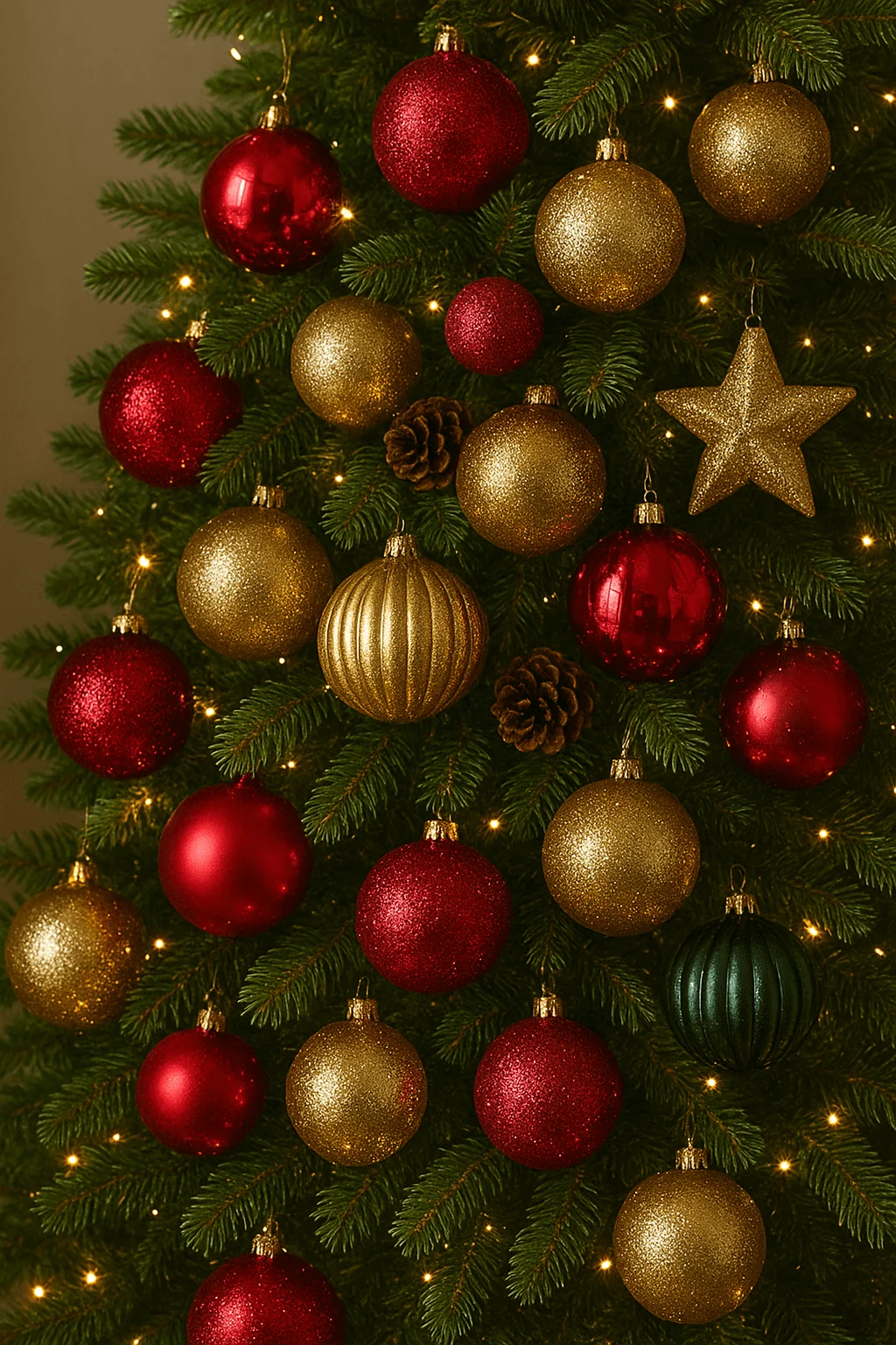 A lush Christmas tree decorated in a classic maximalist style, featuring dense clusters of red and gold ornaments, sparkling lights, glittering textures, and pinecones for depth. This bold and festive approach creates a rich, traditional holiday statement full of warmth and cheer.