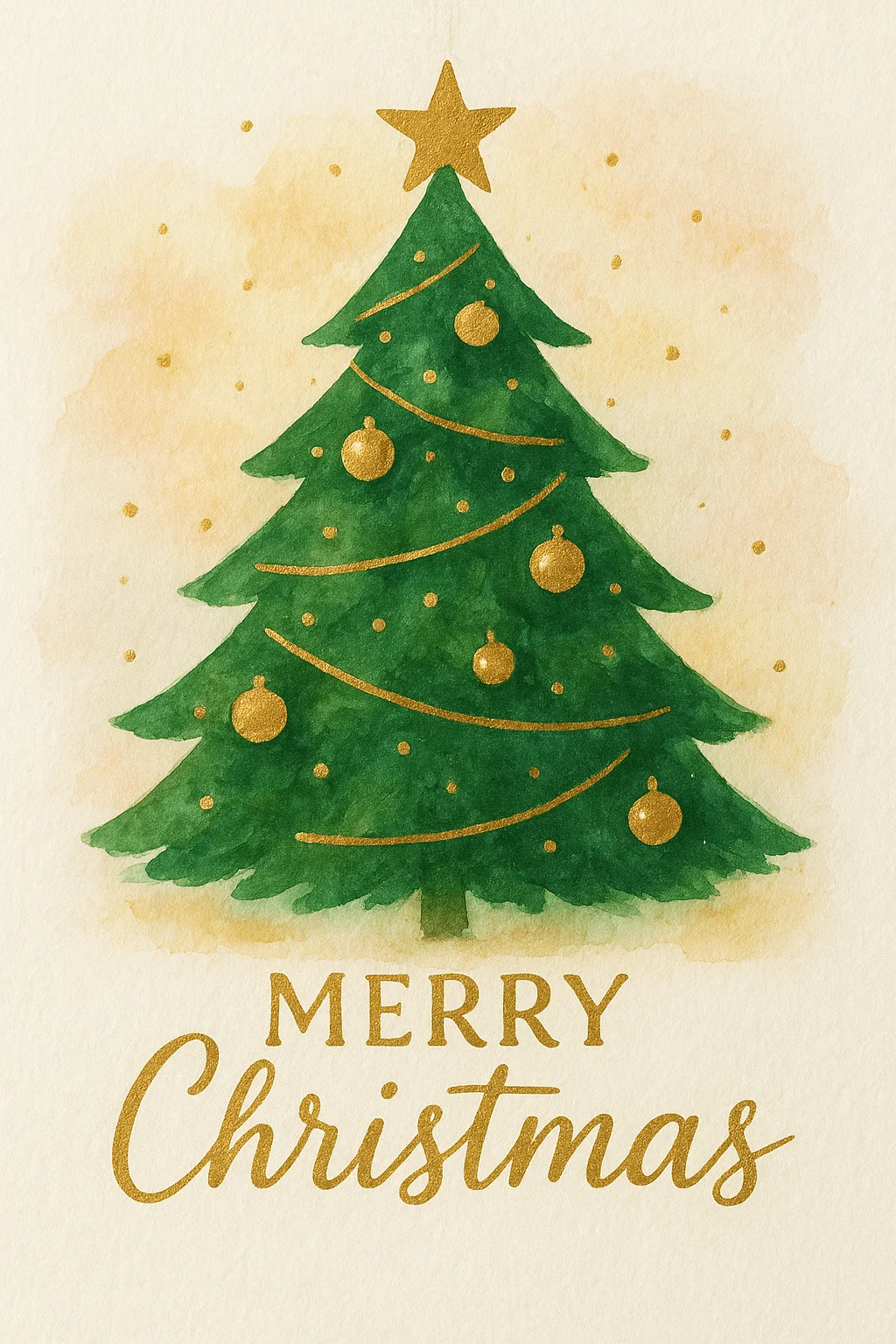 Watercolour Christmas card featuring a decorated green Christmas tree with golden ornaments, star topper, and gold ‘Merry Christmas’ text on a warm beige background