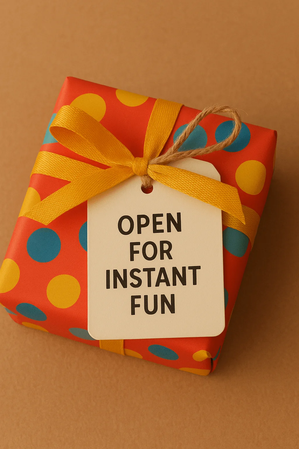 A small gift wrapped in colorful red paper with yellow and blue polka dots, tied with a yellow ribbon and a tag that reads ‘OPEN FOR INSTANT FUN,’ placed on a warm brown background.