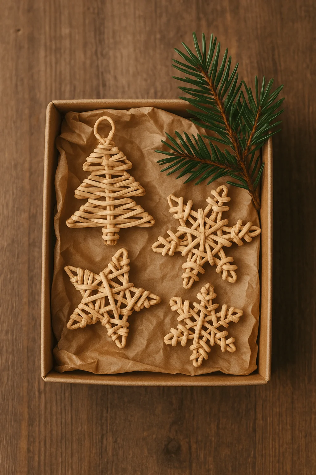 A gift box filled with rattan Christmas ornaments shaped like a tree, star, and snowflakes, decorated with a small pine branch