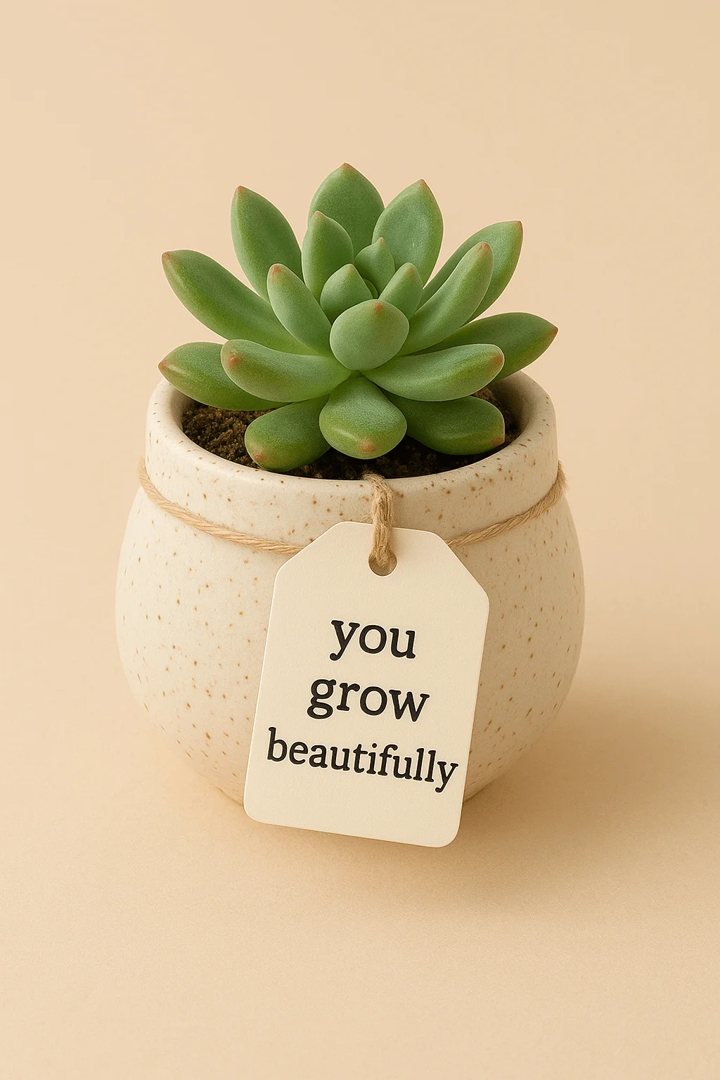 A small green succulent plant in a speckled ceramic pot with a twine tag that reads ‘you grow beautifully,’ set against a soft beige background.