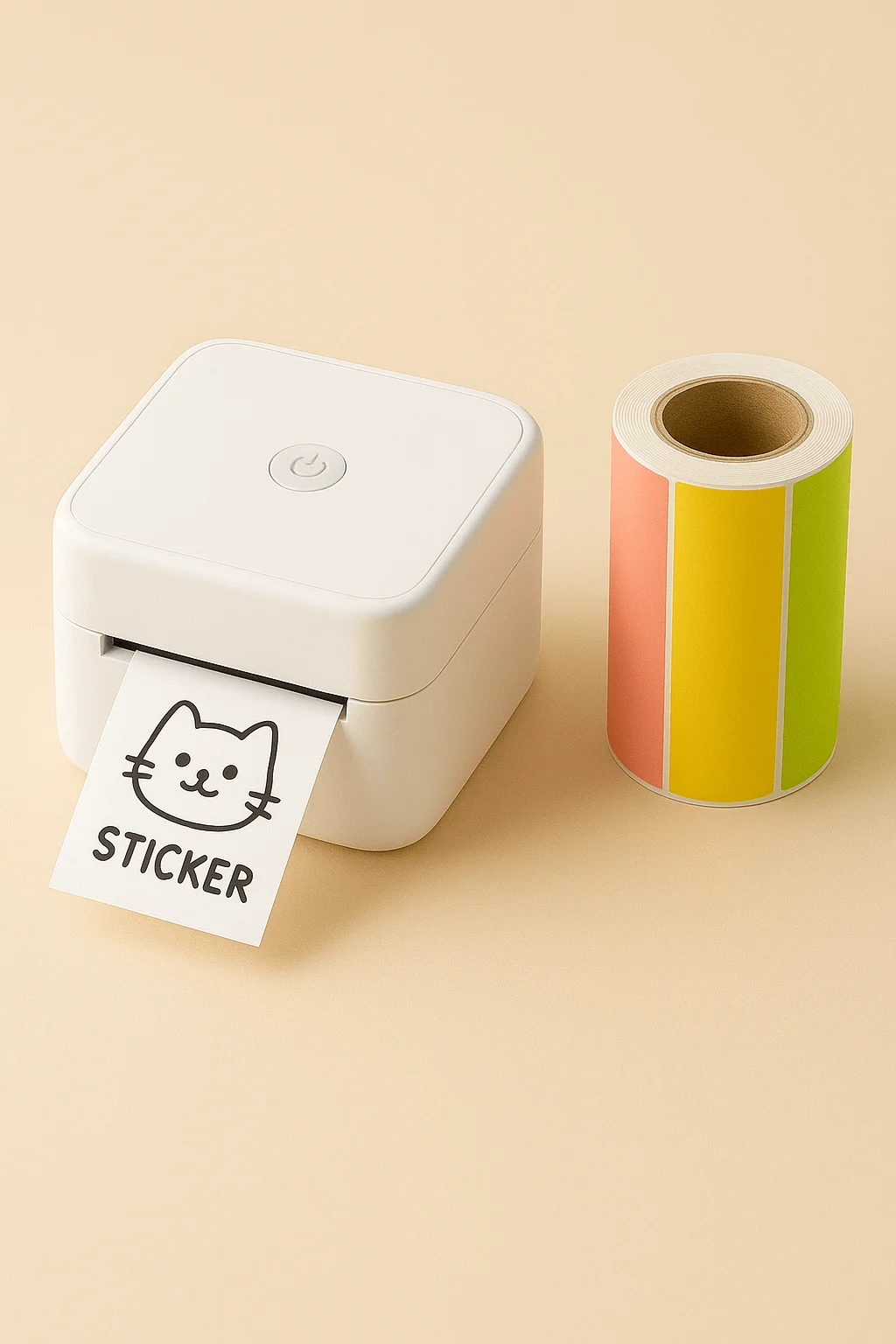 A compact white mini thermal printer printing a cat sticker, placed beside a colorful roll of label paper in pink, yellow, and green