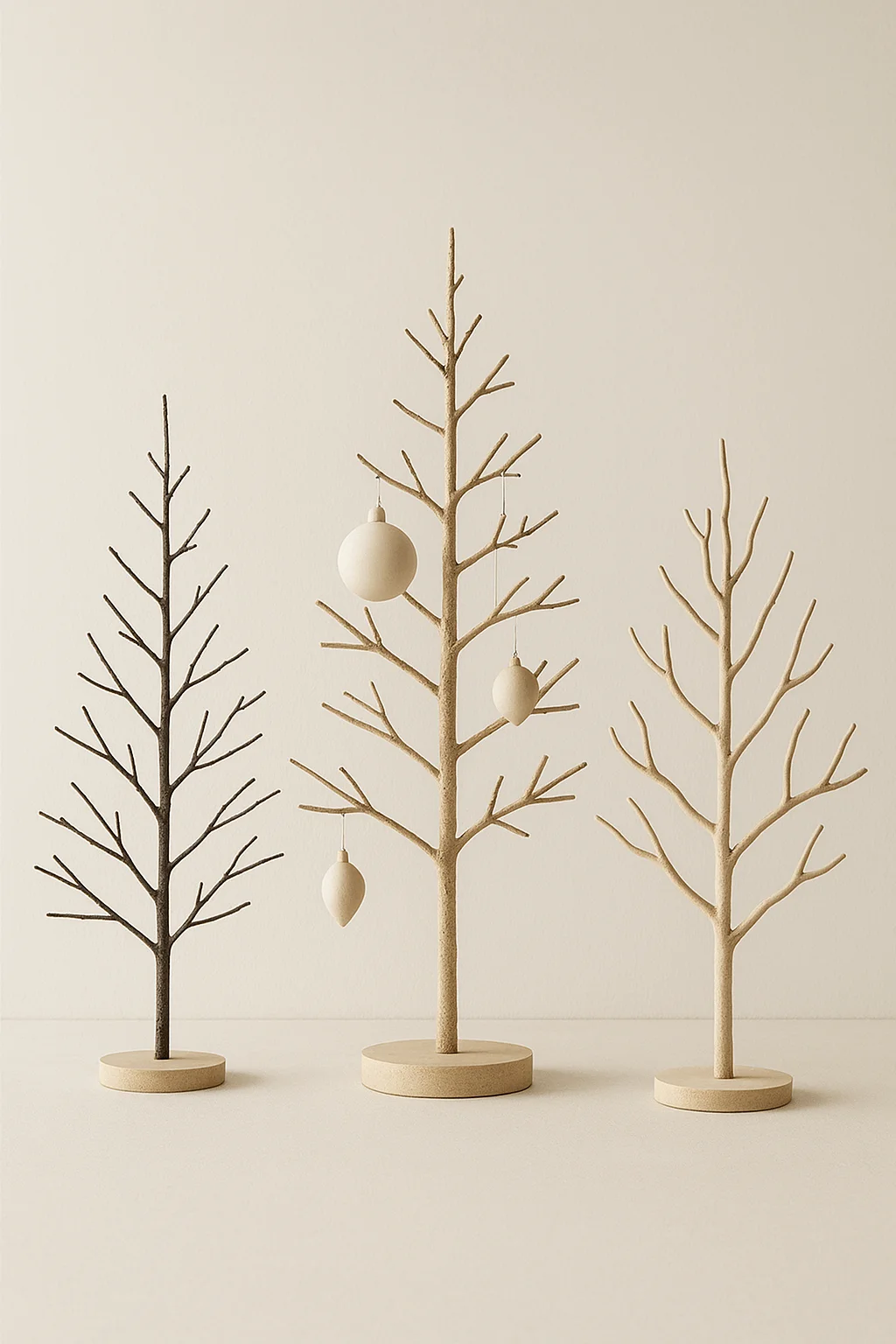 Minimalist holiday display featuring sculptural twig trees in neutral tones with a few simple matte ornaments on a light beige background