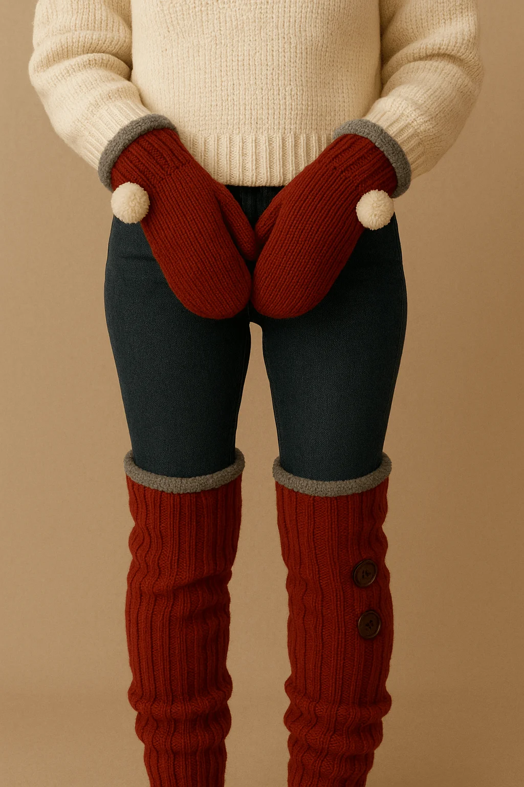 DIY upcycled winter fashion with red knit mittens and matching leg warmers made from old sweater sleeves