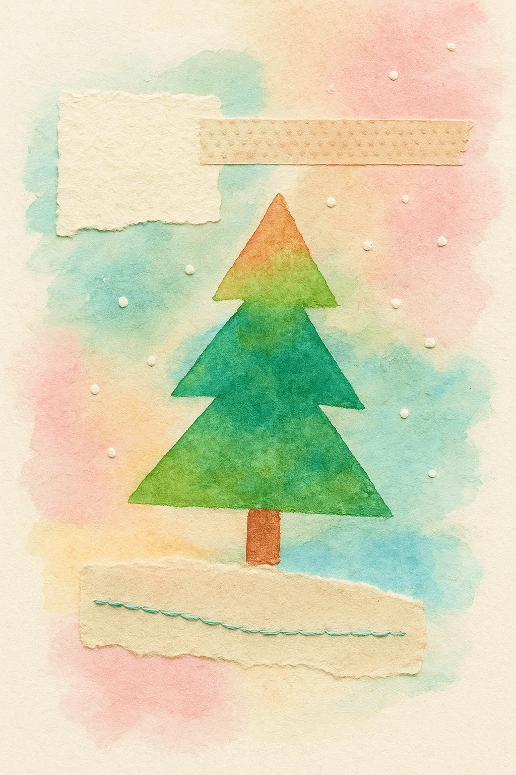 Watercolor Christmas tree illustration with layered paper textures, pastel background, and snowflake details creating a soft handmade holiday card design.