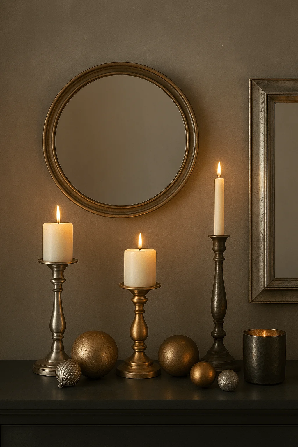 Elegant Christmas candle display with gold and bronze candlesticks lit candles metallic ornaments and framed mirrors on a dark console table