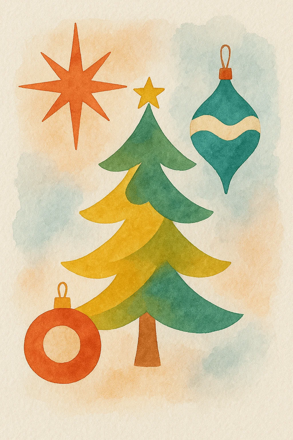 Modern retro watercolor Christmas illustration featuring a stylized green and yellow Christmas tree with a star topper, surrounded by colorful ornaments and an orange starburst on a soft pastel background.