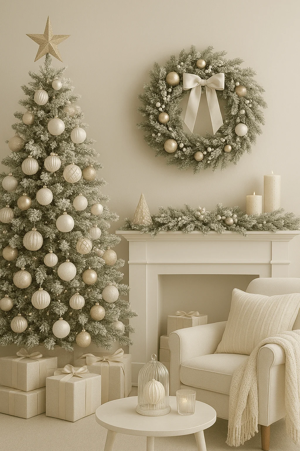Elegant monochrome Christmas decor in soft ivory and champagne tones featuring a frosted tree with matching ornaments, a wreath with a satin bow, cozy seating, and wrapped gifts for a serene and cohesive holiday look