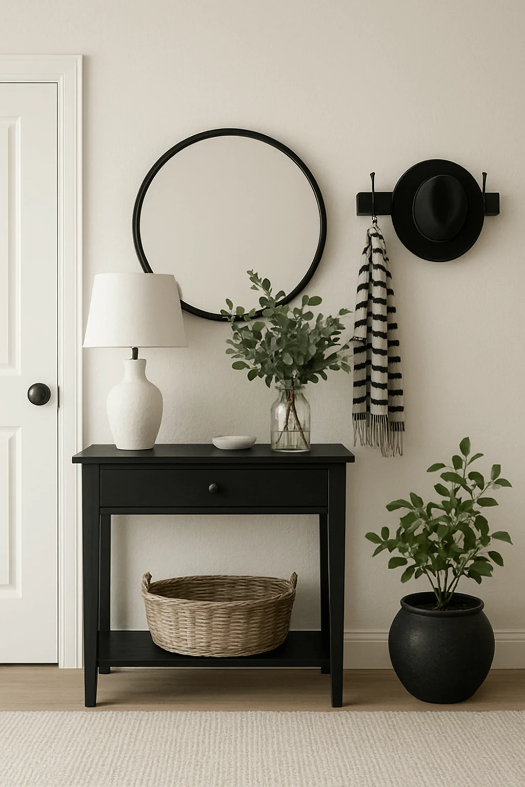 Minimalist cottage entryway with black console table, round mirror, striped scarf, woven basket, and potted greenery for a modern monochrome look