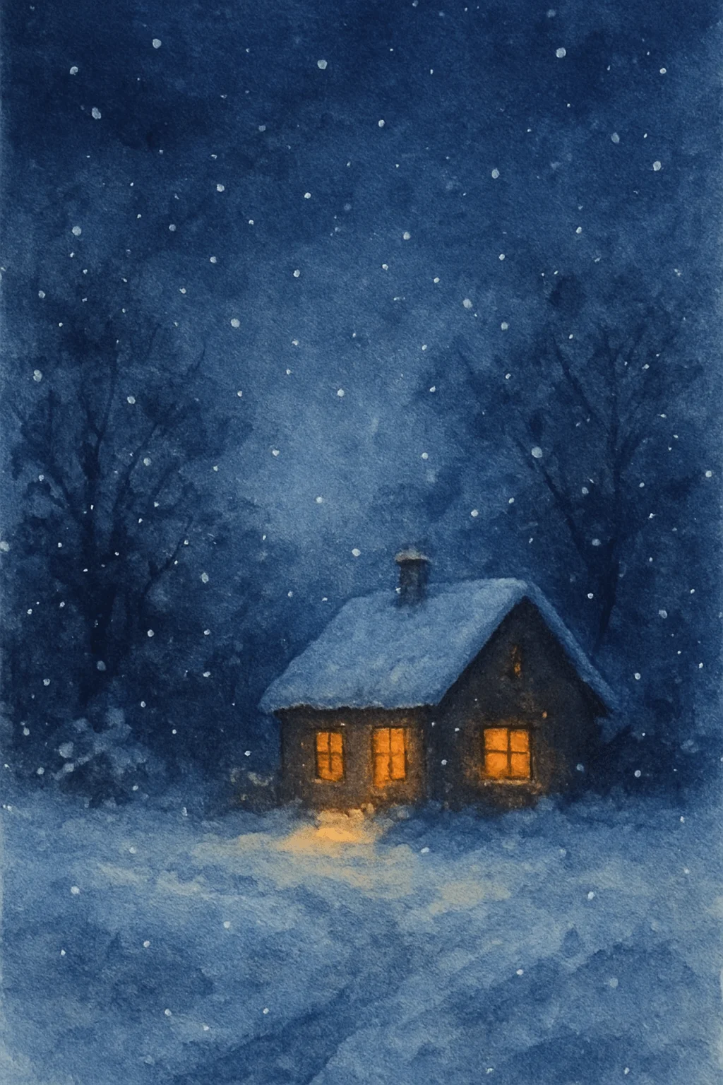 Watercolour painting of a cozy cabin glowing with warm light on a snowy winter night, surrounded by trees under a dark blue sky with falling snowflakes