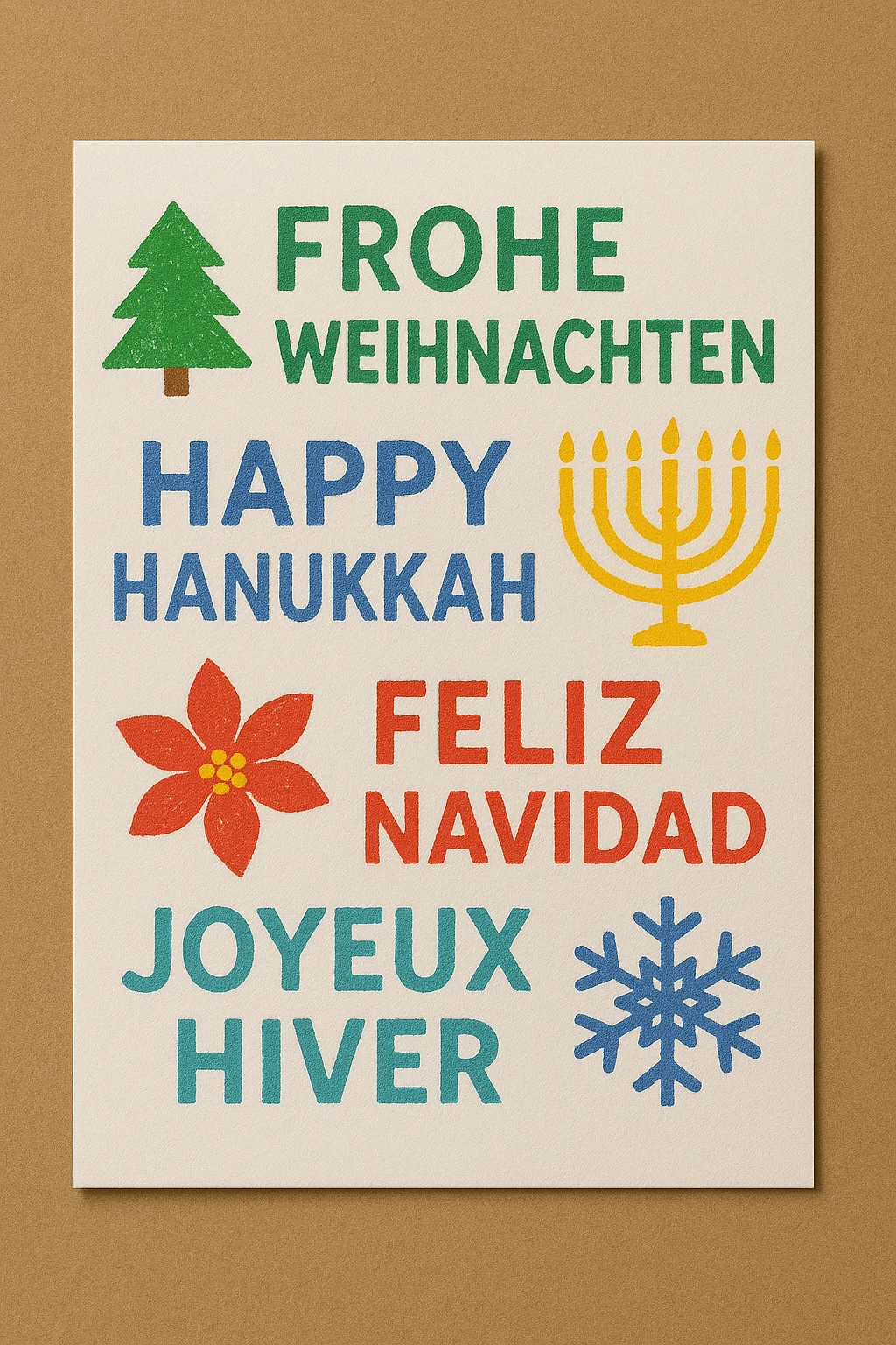 Holiday card featuring multilingual greetings with colorful illustrations: a green tree beside ‘FROHE WEIHNACHTEN,’ a yellow menorah beside ‘HAPPY HANUKKAH,’ a red poinsettia beside ‘FELIZ NAVIDAD,’ and a blue snowflake beside ‘JOYEUX HIVER,’ all on a white background with a brown border.