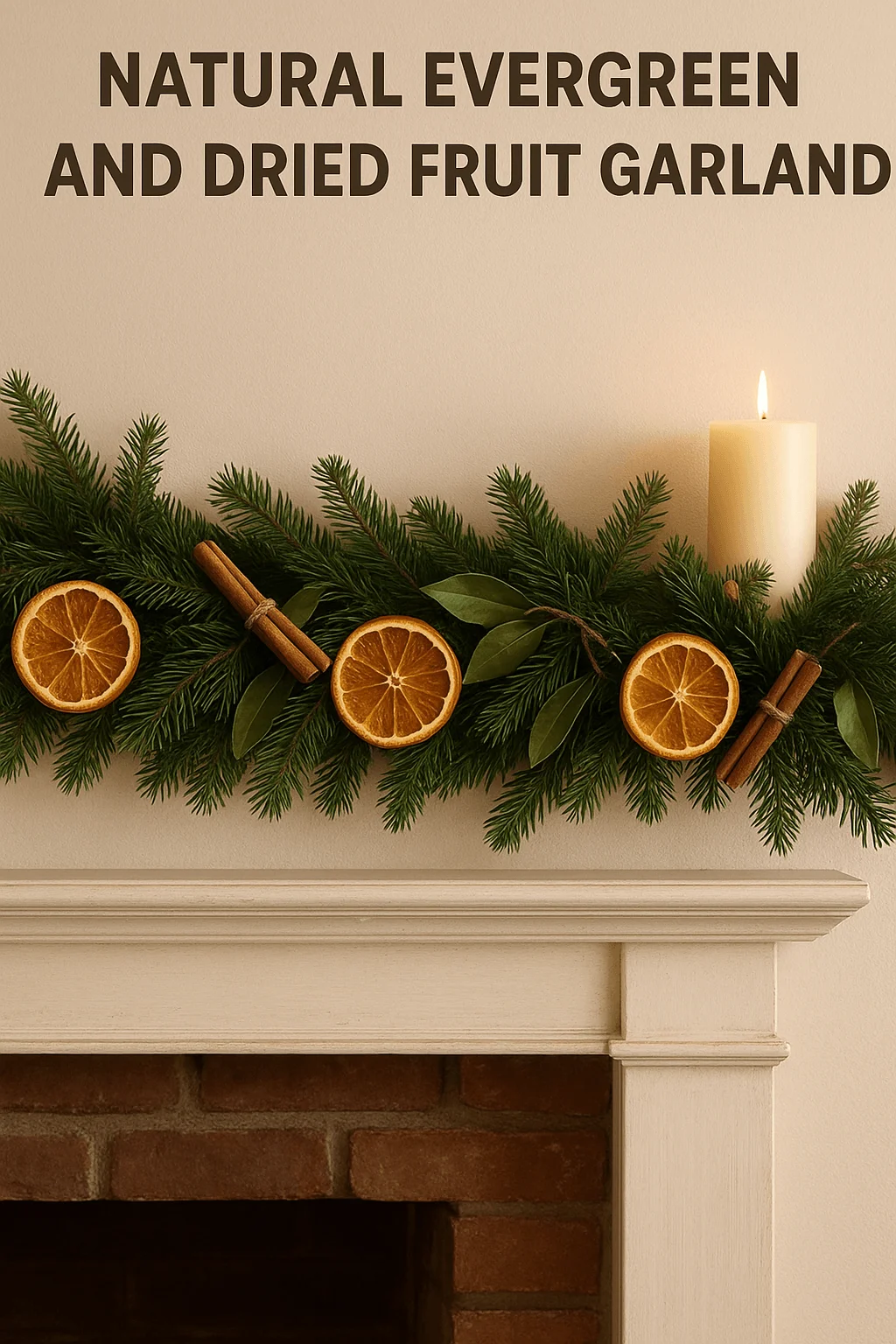 Natural evergreen garland decorated with dried orange slices and cinnamon sticks, styled on a mantel with a glowing candle for a rustic Christmas look.