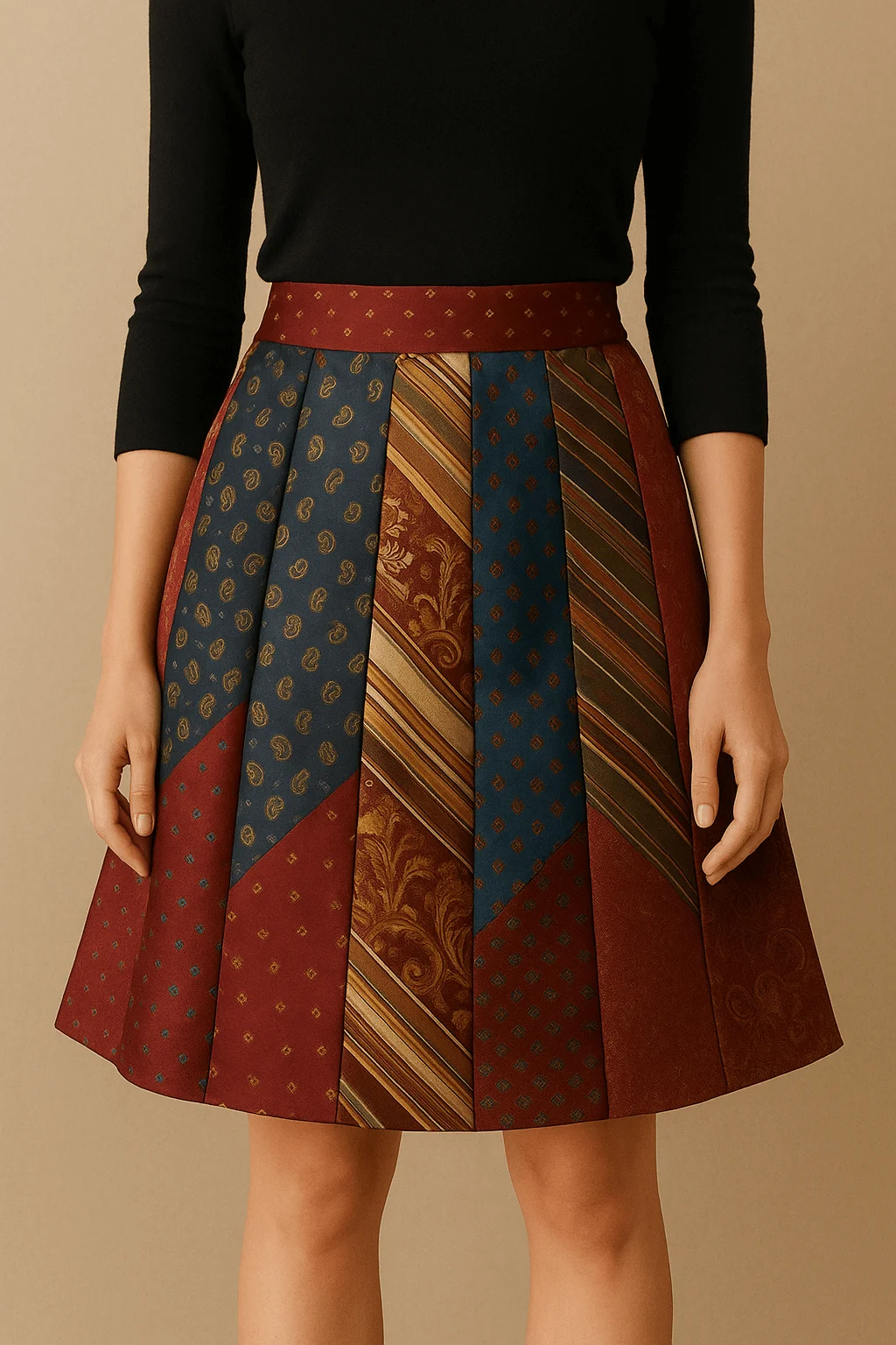 Handmade patchwork skirt crafted from upcycled vintage neckties in rich jewel tones and patterns