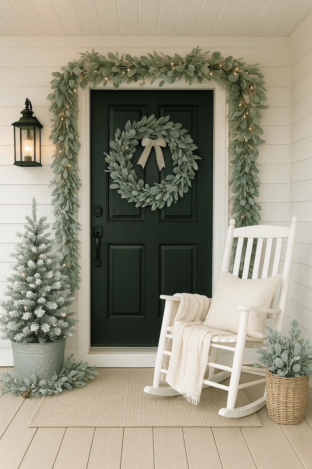 Neutral farmhouse Christmas front porch with frosted eucalyptus garland, matching wreath with bow on black door, flocked mini tree in galvanized bucket, white rocking chair with cozy blanket, and woven basket of greenery.