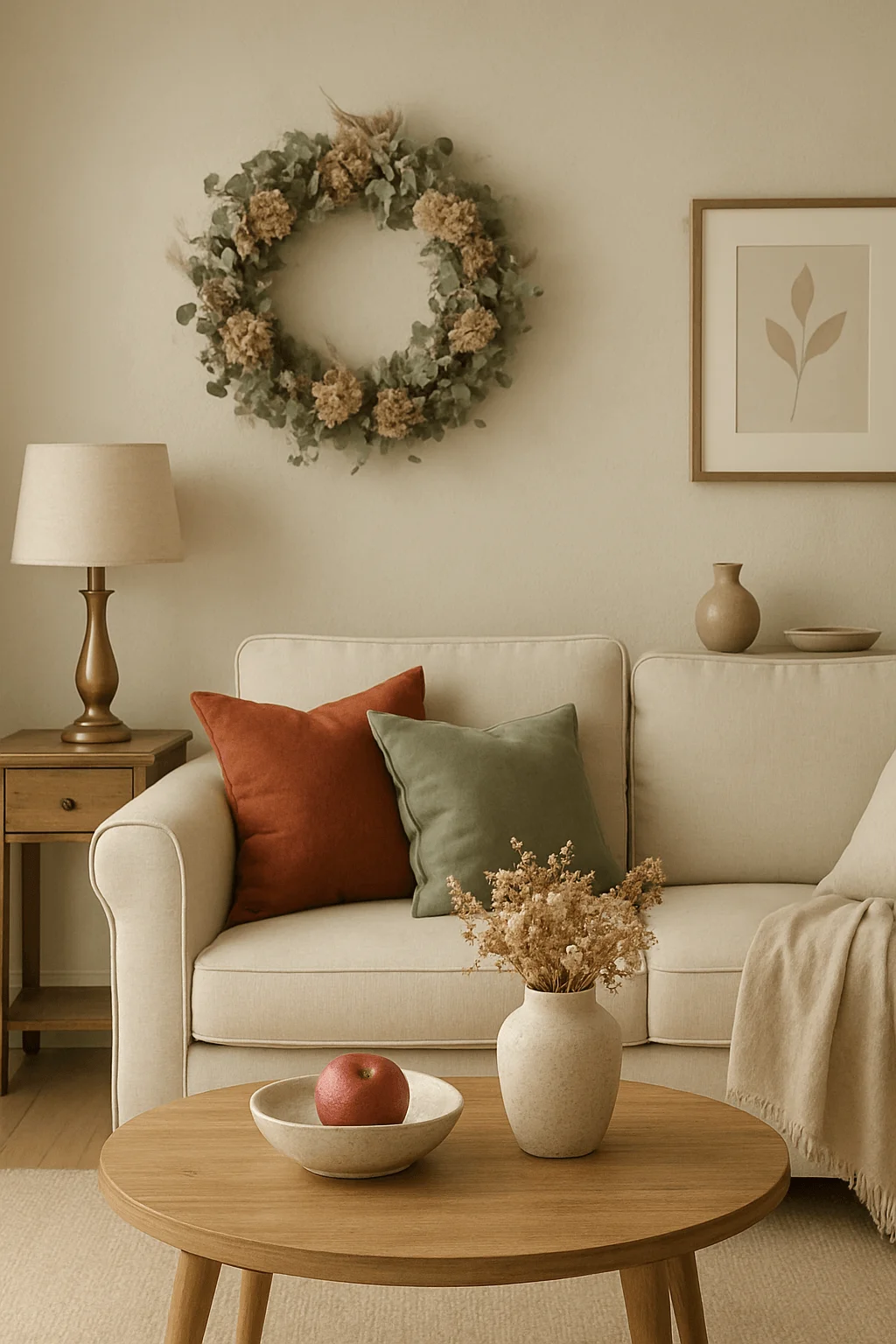 Neutral living room with beige sofa, warm accent pillows, dried floral wreath, and natural wood coffee table styled with minimal décor