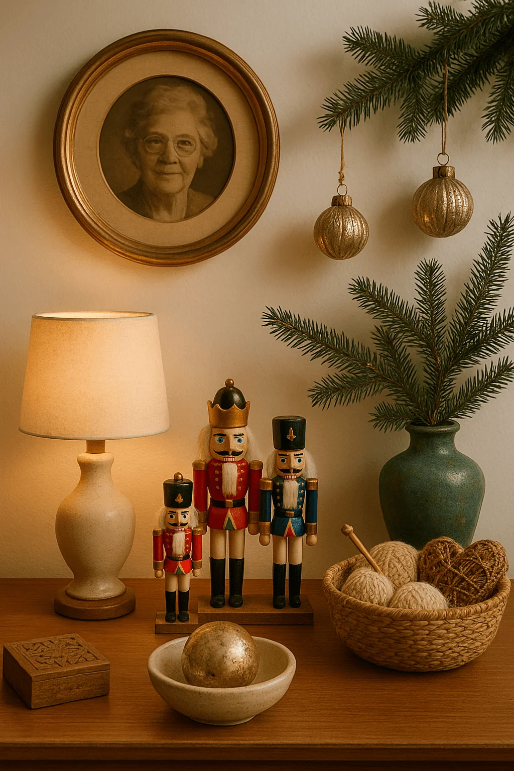 Warm Christmas vignette with wooden nutcracker figures table lamp pine branches gold ornaments and woven decor on a wooden side table