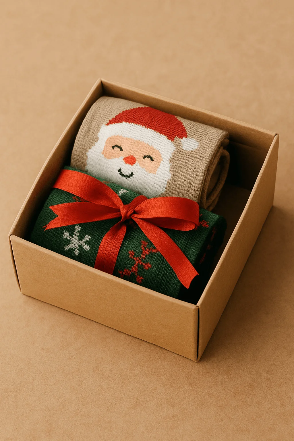 A gift box containing two pairs of festive socks — one tan pair featuring a smiling Santa face and one green pair with red and white snowflake patterns, tied together with a bright red ribbon, set against a warm brown background.
