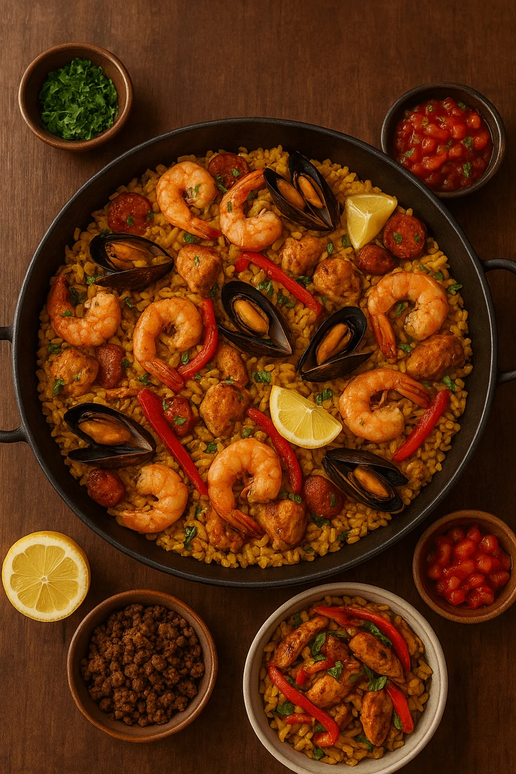 One-pot paella or jambalaya with shrimp, mussels, chorizo, chicken, red peppers, and yellow rice, garnished with lemon wedges and parsley in a black pan.