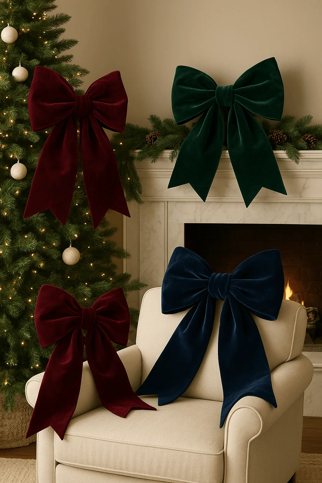 Elegant Christmas decor with oversized velvet bows in red green and navy displayed on a Christmas tree mantel and cream armchair by the fireplace