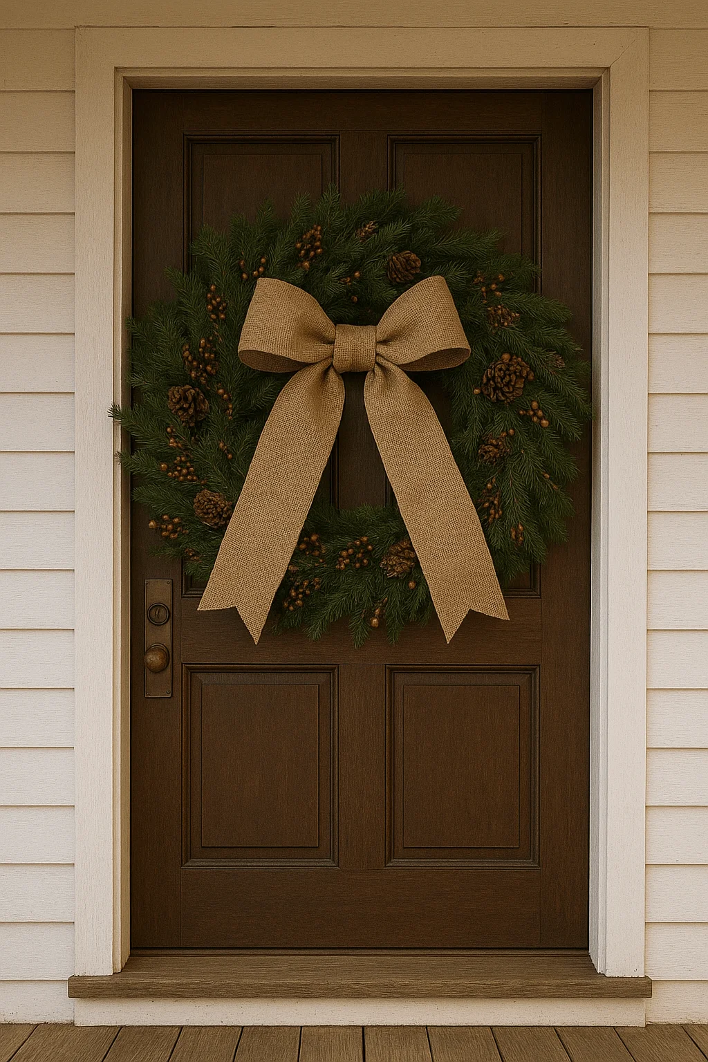 Front door decorated with an oversized evergreen Christmas wreath accented with pinecones, berries, and a large burlap bow