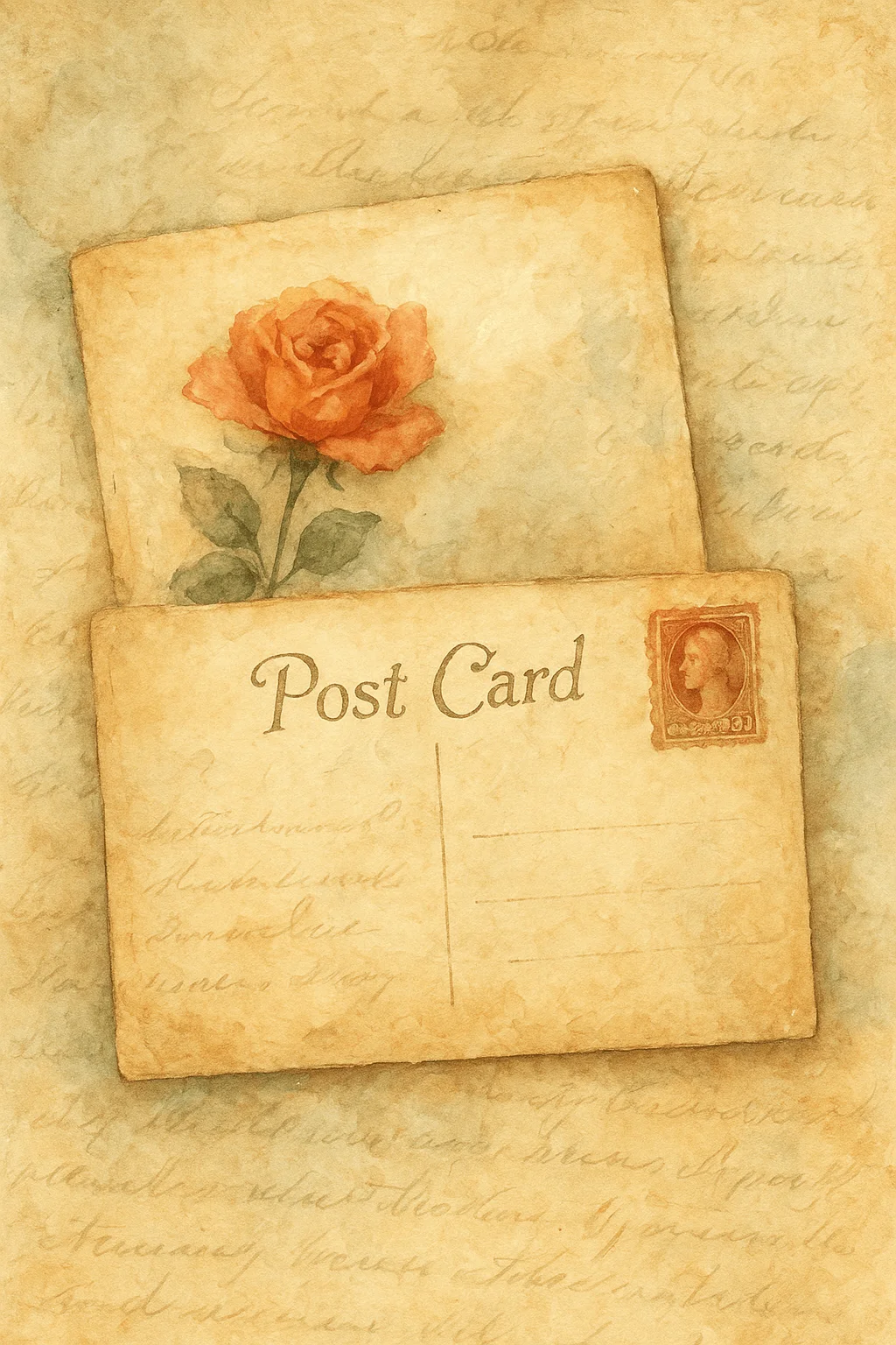 Vintage watercolor postcard illustration featuring an old-fashioned letter with a red rose, aged paper texture, and antique postage stamp in warm sepia tones.