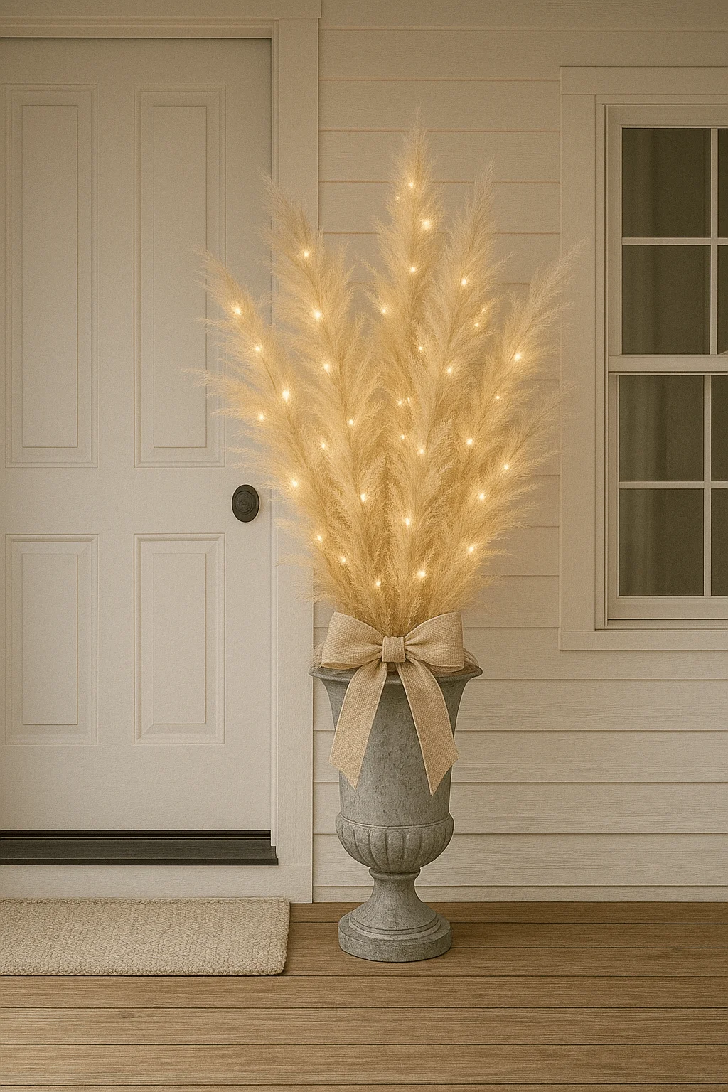 Neutral farmhouse Christmas porch decor featuring a tall urn filled with pampas grass decorated with warm string lights and tied with a burlap bow, placed by a white front door.