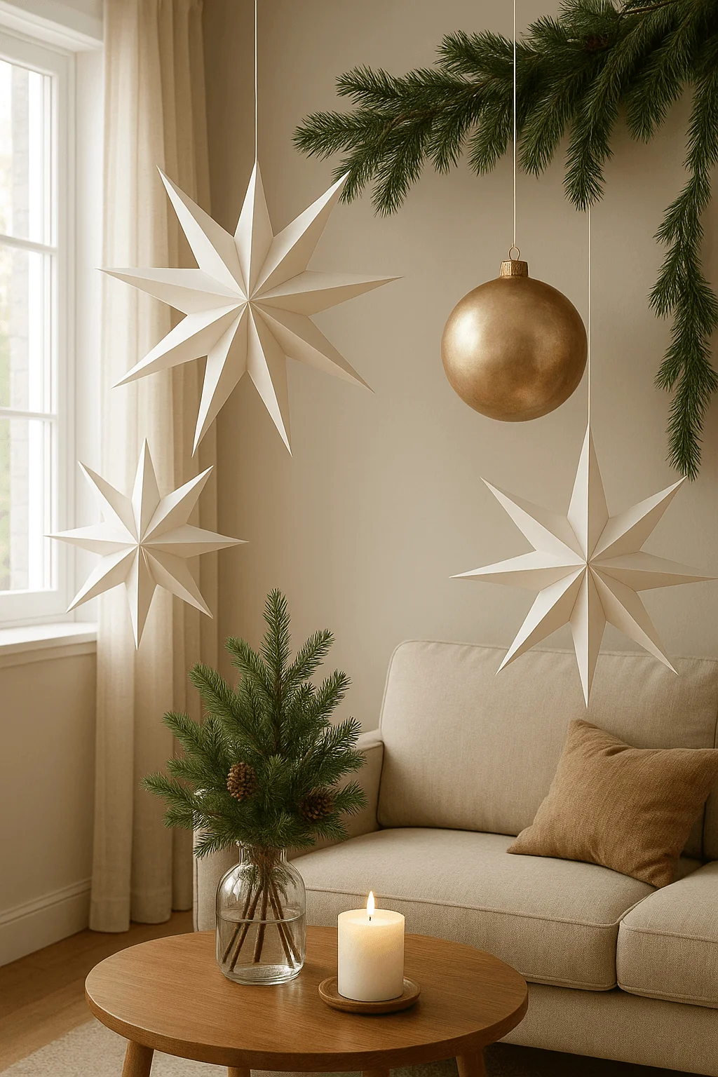 Scandinavian-inspired Christmas decor with hanging white paper stars oversized gold ornament pine greenery in a glass vase and a candle on a wooden table beside a neutral-toned sofa