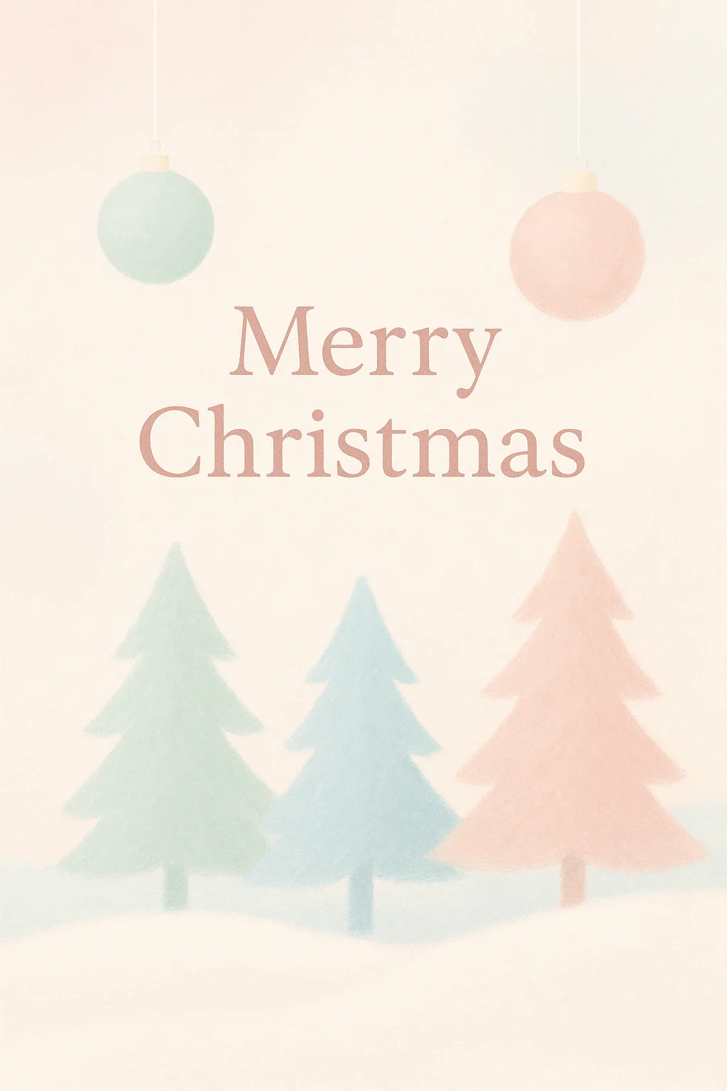 Minimalist pastel watercolour Christmas card with soft pink, blue, and green trees, hanging ornaments, and 'Merry Christmas' text on a light cream background
