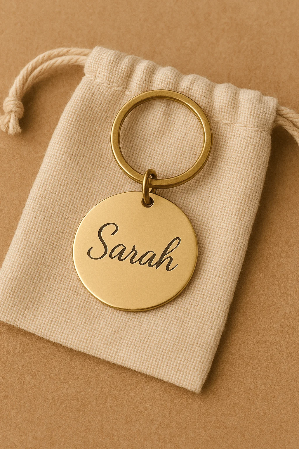 Gold personalized keychain with engraved name ‘Sarah’ displayed on a beige drawstring pouch over a neutral background