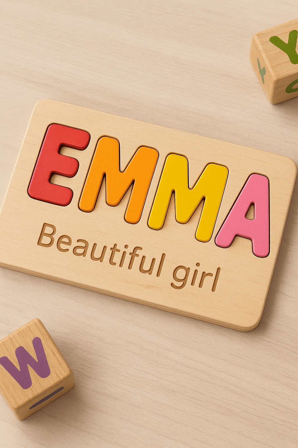 Wooden name puzzle featuring colorful letters spelling ‘EMMA’ in red, orange, yellow, and pink, with the engraved phrase ‘Beautiful girl’ below. Wooden alphabet blocks with painted letters are placed nearby on a light wood surface.