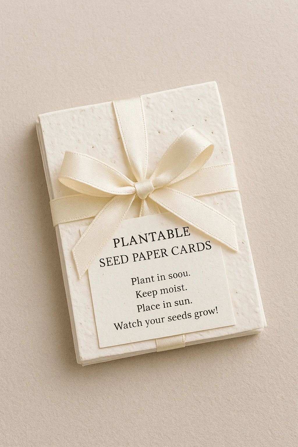 A neatly stacked set of cream-colored plantable seed paper cards tied with a satin ribbon bow, labeled ‘Plantable Seed Paper Cards’ with instructions to plant, keep moist, and place in sunlight.