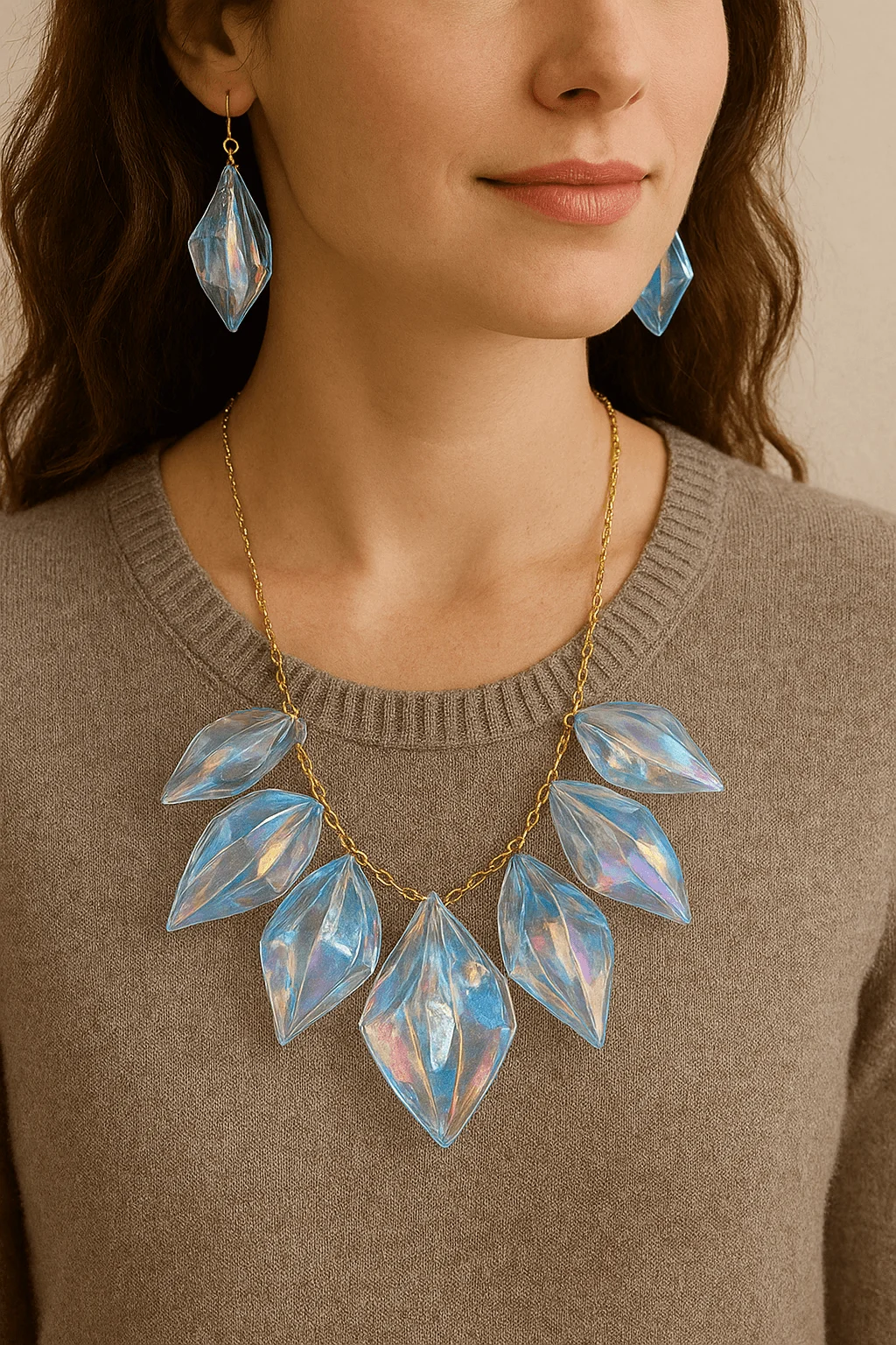 Handmade statement necklace and earrings crafted from upcycled plastic bottles with iridescent blue crystal-like shapes