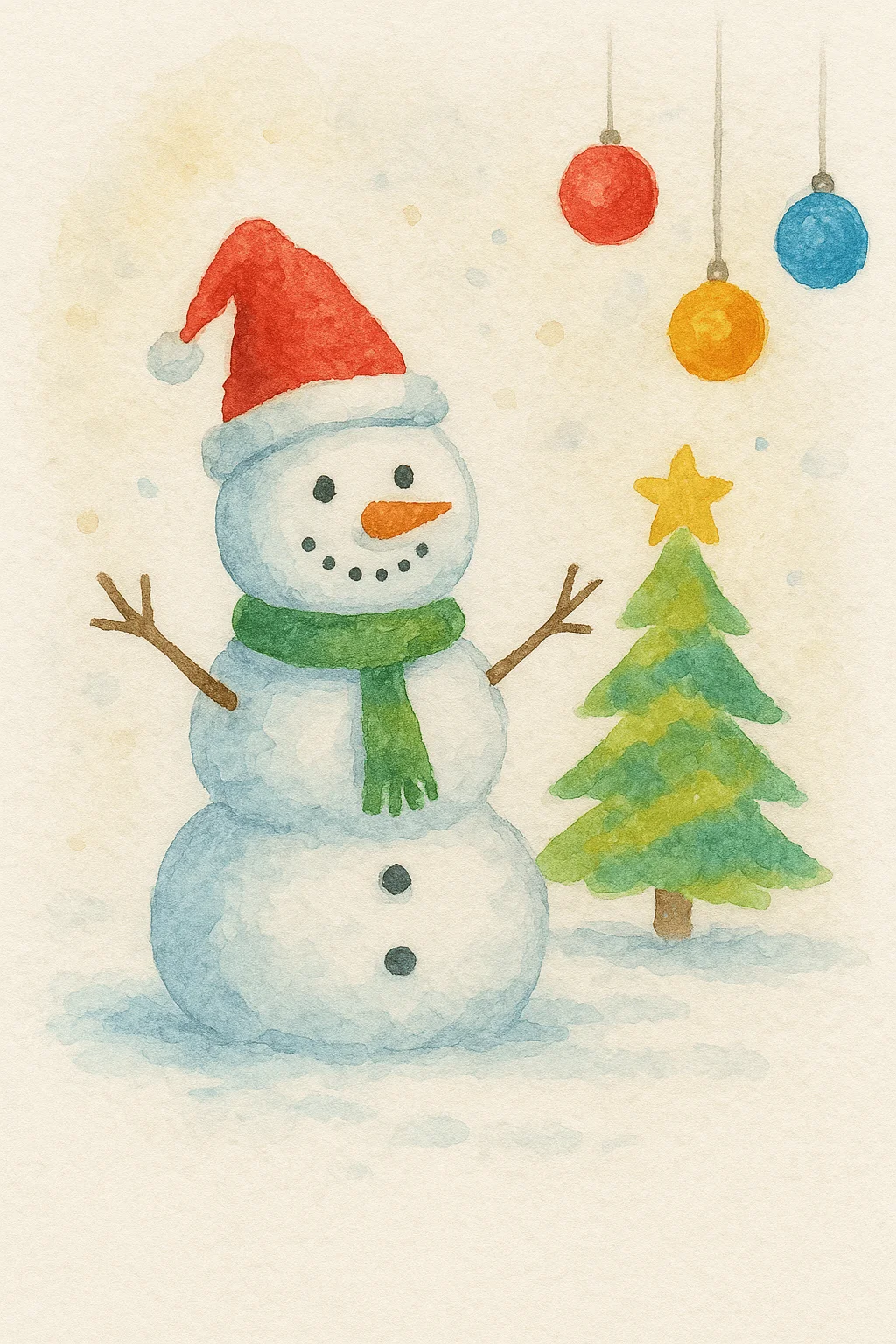Cute watercolor Christmas card featuring a smiling snowman wearing a red Santa hat and green scarf beside a small decorated tree with a yellow star, and colorful ornaments hanging above.