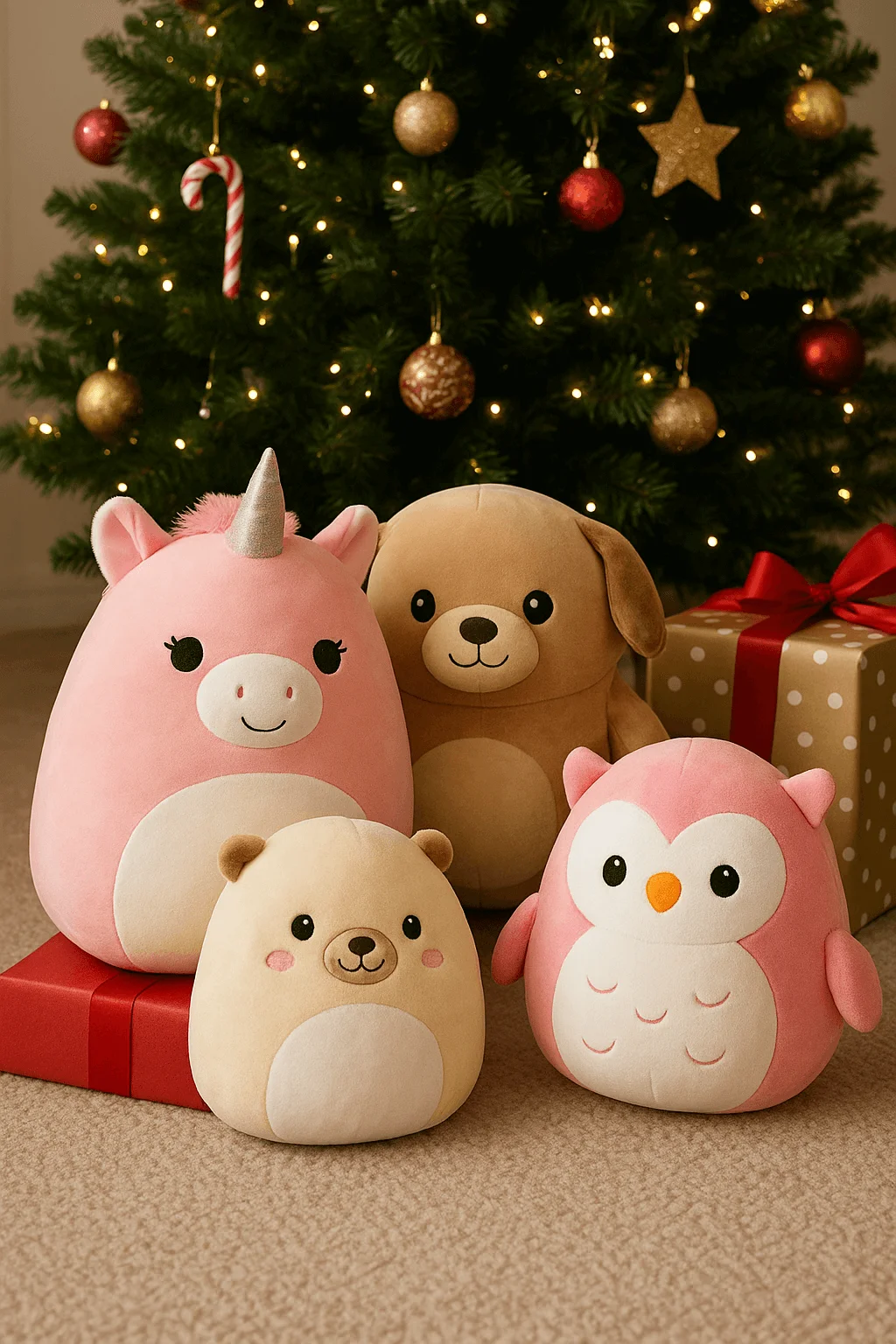 Four cute plush toys including a pink unicorn, brown puppy, beige bear, and pink owl sitting in front of a decorated Christmas tree with ornaments, lights, and wrapped gifts.