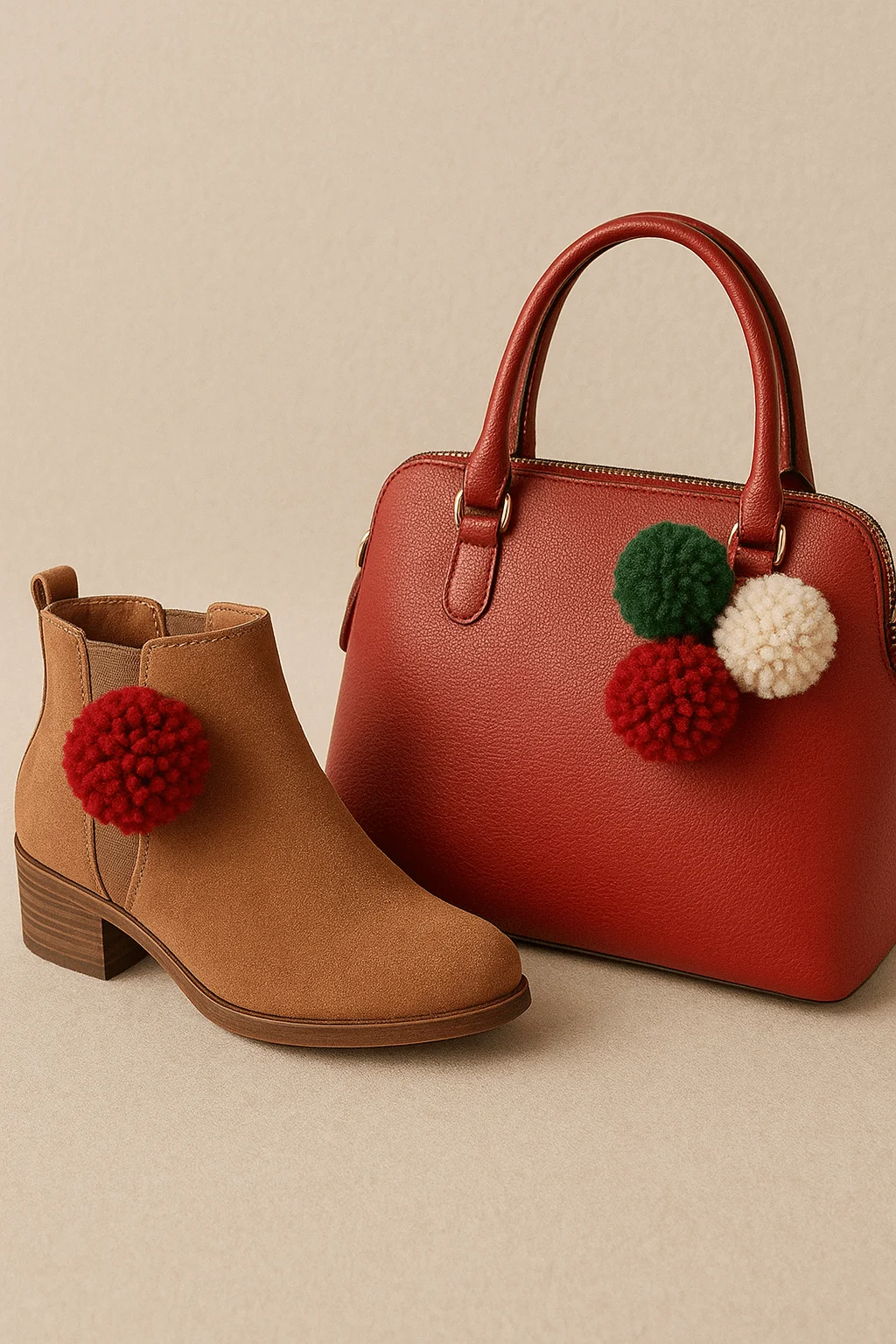 DIY pom-pom accessories on brown ankle boots and red handbag, festive handmade holiday fashion accents