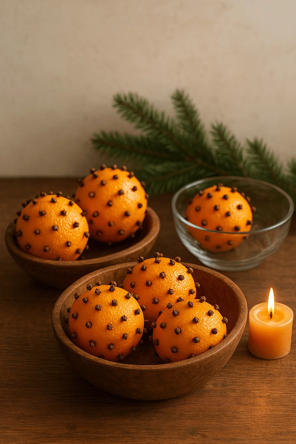 Rustic holiday pomander bowls with clove-studded oranges, evergreen sprig, and a glowing candle on a wooden table.