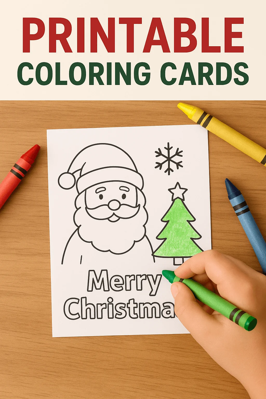 Printable Christmas coloring card for kids featuring a Santa Claus and Christmas tree design being colored with crayons on a wooden table.