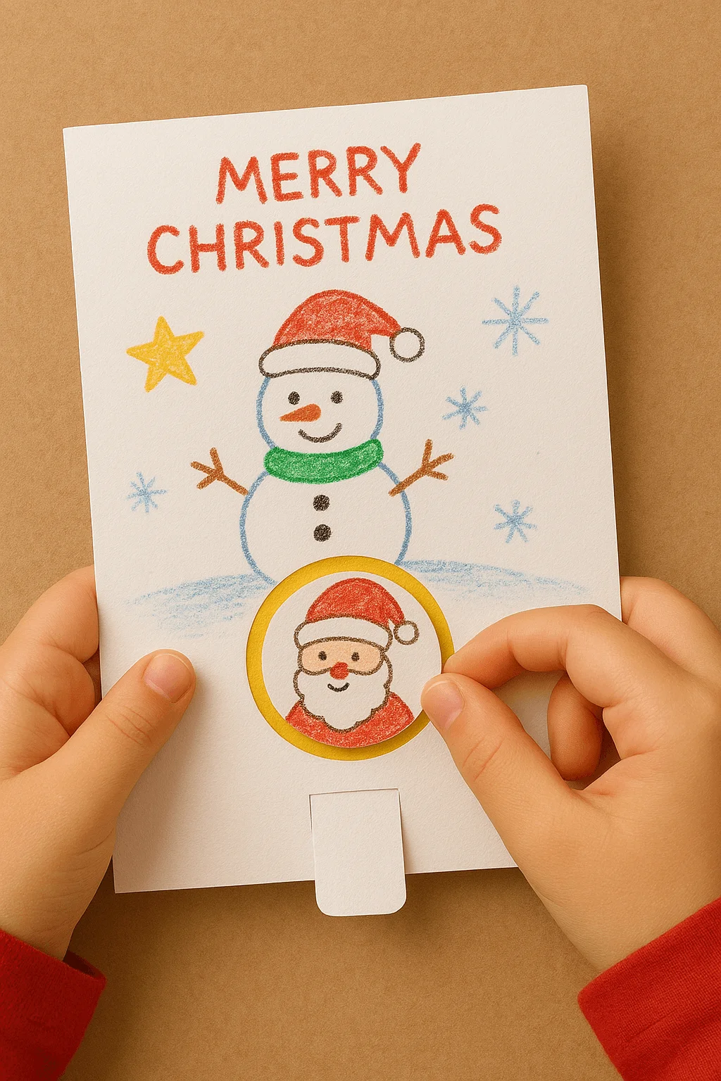 Child holding a handmade Christmas card with a crayon drawing of a snowman wearing a Santa hat and scarf, with the words ‘Merry Christmas’ above and a pull-tab spinner showing Santa’s face at the bottom.