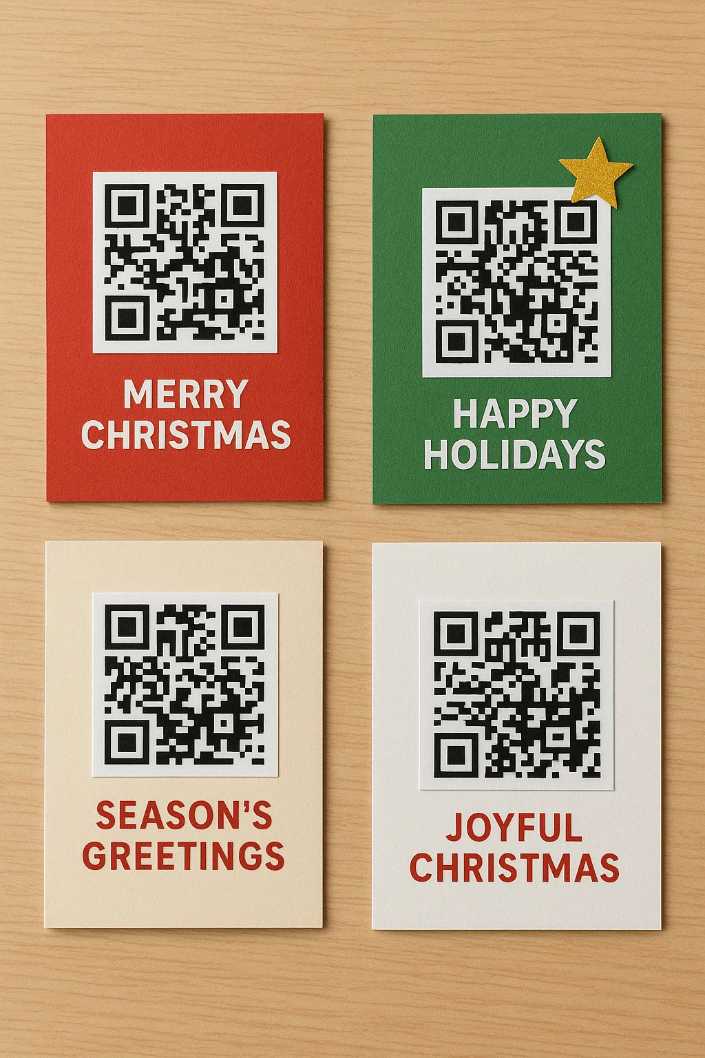Set of four minimalist QR code holiday cards on a wooden surface, each with a message: ‘Merry Christmas,’ ‘Happy Holidays,’ ‘Season’s Greetings,’ and ‘Joyful Christmas,’ in red, green, cream, and white colors.