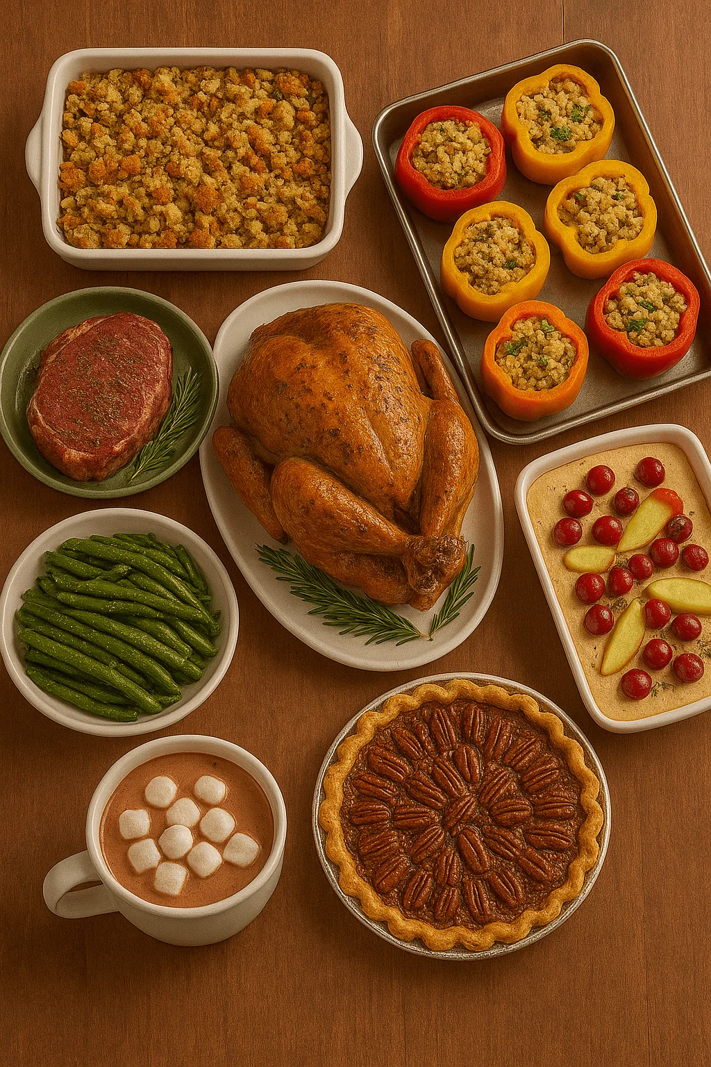Ready-to-cook holiday meal featuring a whole roasted chicken, stuffed bell peppers, green beans, stuffing, filet mignon steak, pecan pie, apple cranberry dessert, and a mug of hot chocolate with marshmallows.