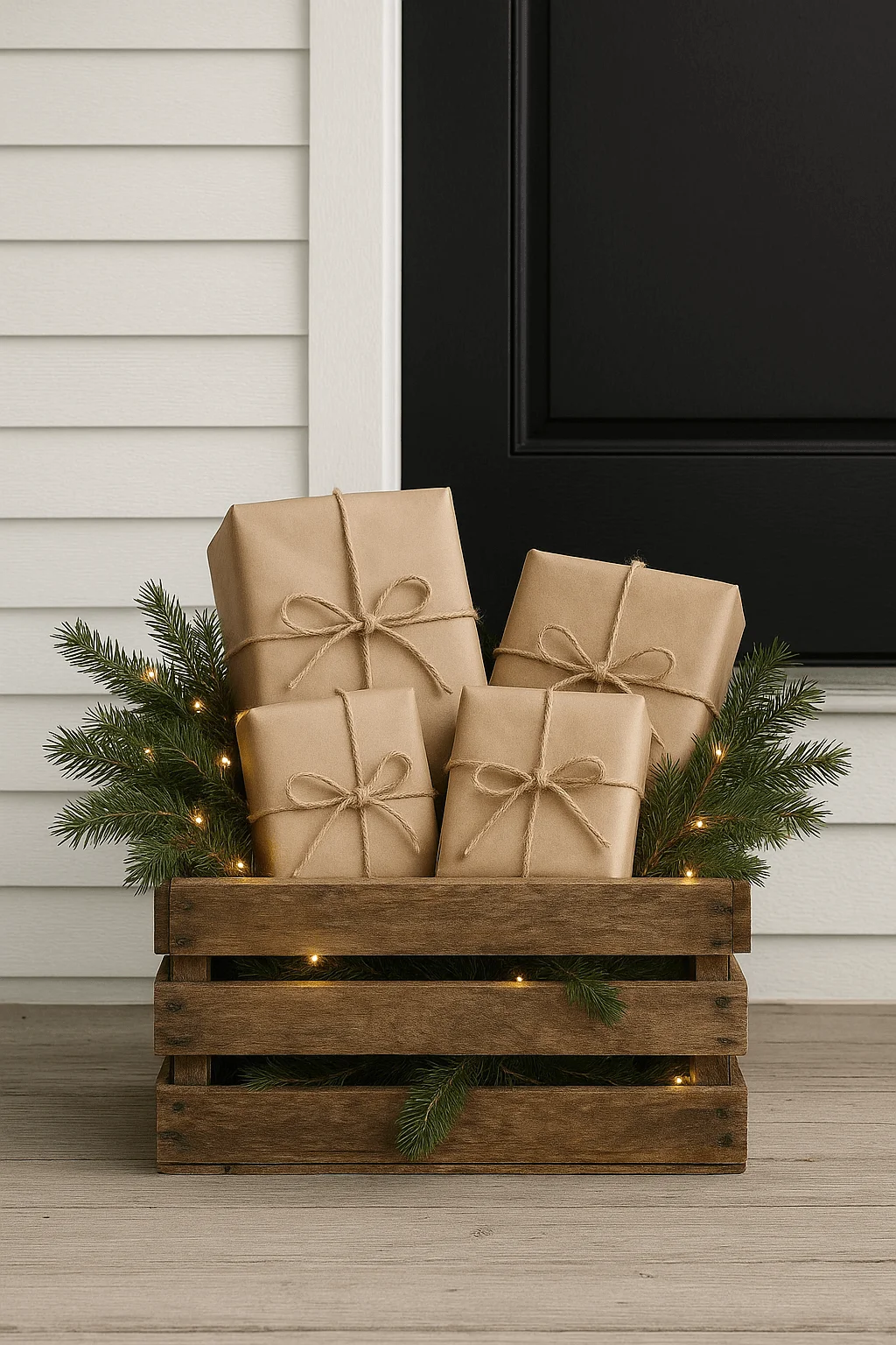 Rustic wooden crate filled with kraft paper wrapped Christmas gifts tied with twine bows, decorated with evergreen branches and warm white fairy lights by a farmhouse front door.