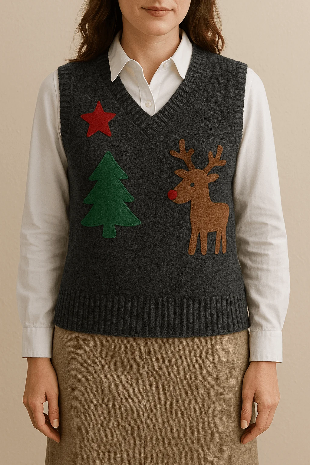 Upcycled Christmas sweater vest with felt appliqué reindeer, tree, and star, styled over a white shirt for festive fashion