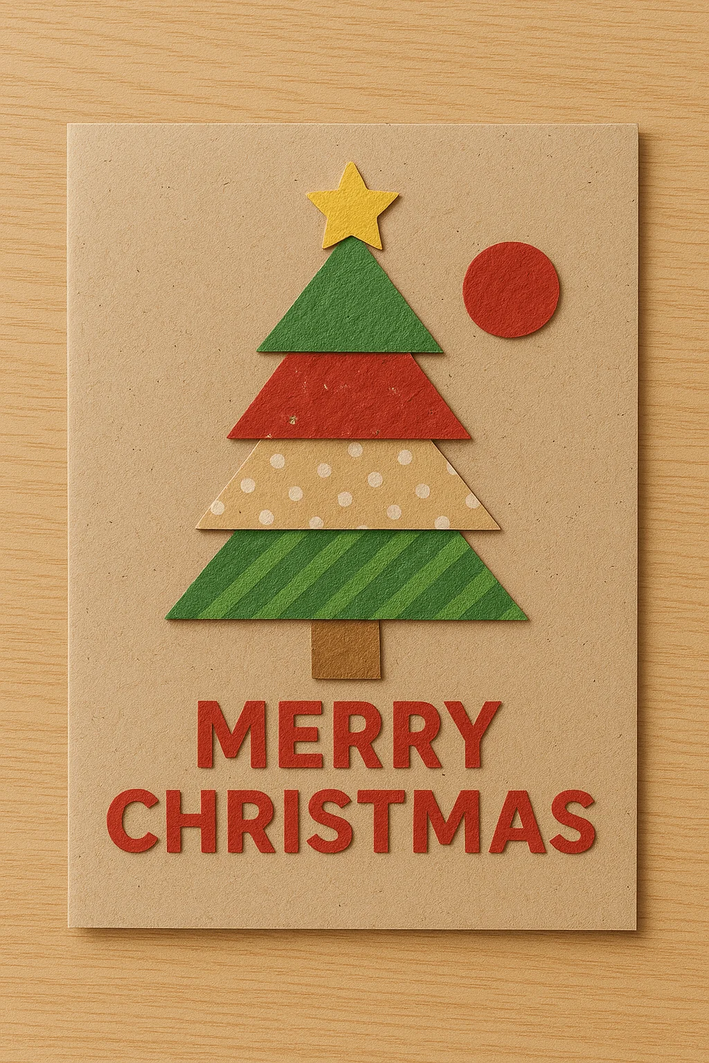 Eco-friendly Christmas card made from recycled kraft paper featuring a layered paper Christmas tree with green, red, and beige triangles, a yellow star on top, and the words ‘Merry Christmas’ in red letters below