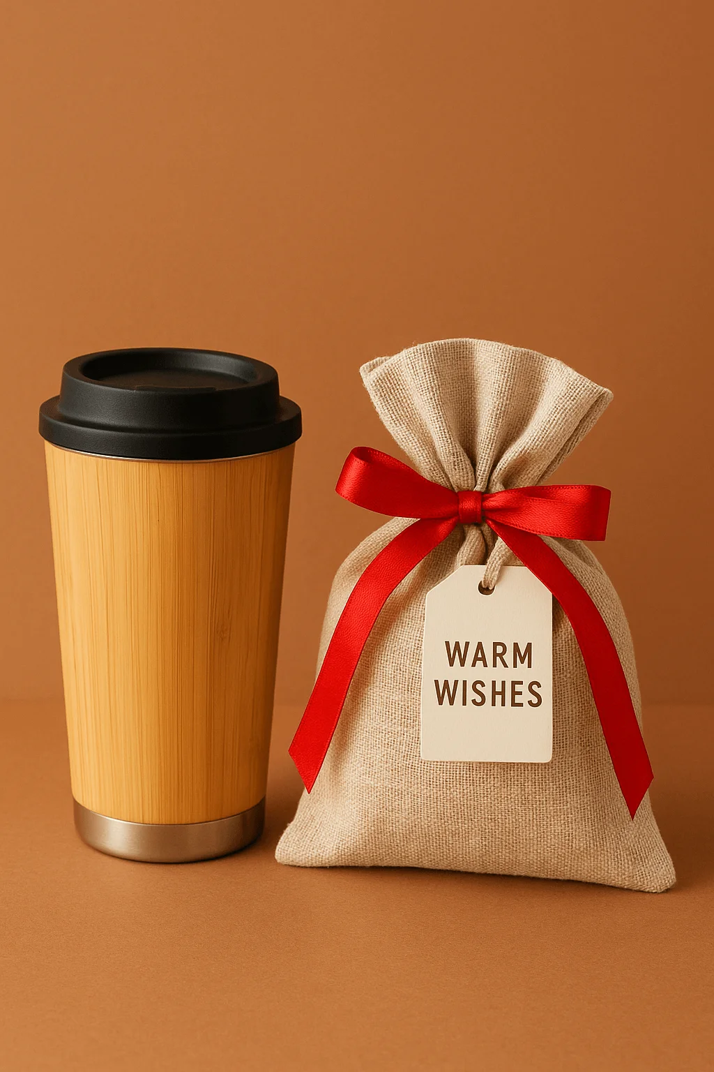 A bamboo-style reusable travel mug with a black lid beside a burlap gift bag tied with a red satin ribbon and a tag reading ‘WARM WISHES,’ set against a warm brown background.