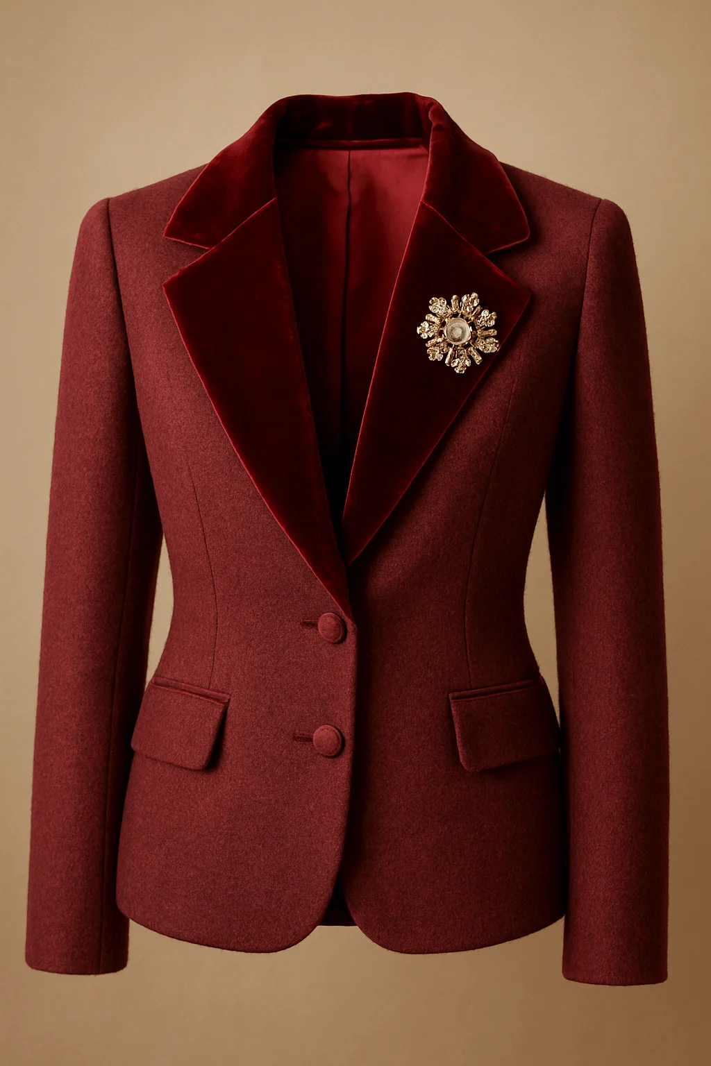 Elegant burgundy women’s blazer with velvet lapel and vintage crystal brooch, tailored formal jacket