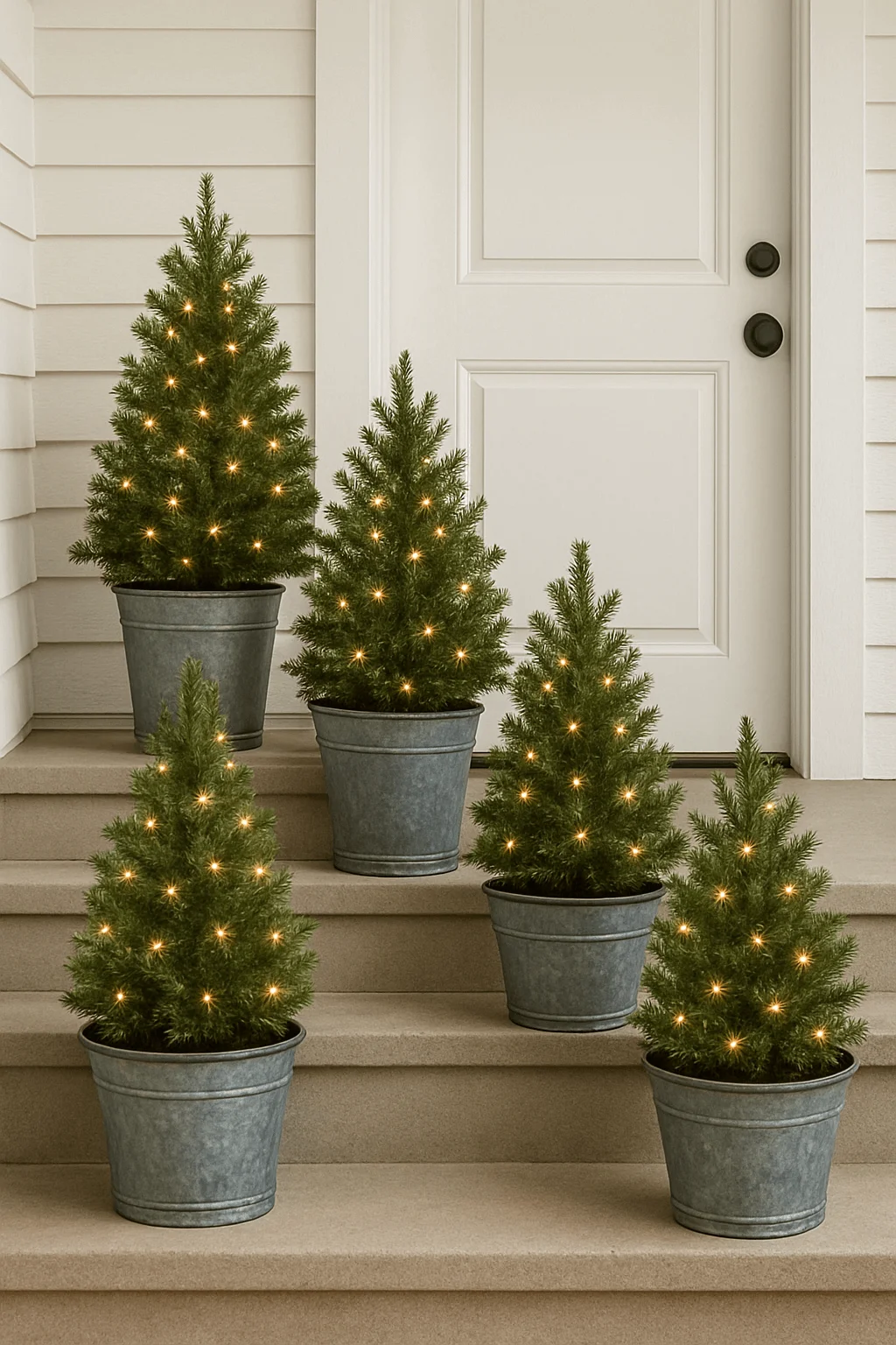 Front porch decorated with rows of mini Christmas trees in galvanized buckets, each tree lit with warm white string lights on the steps.