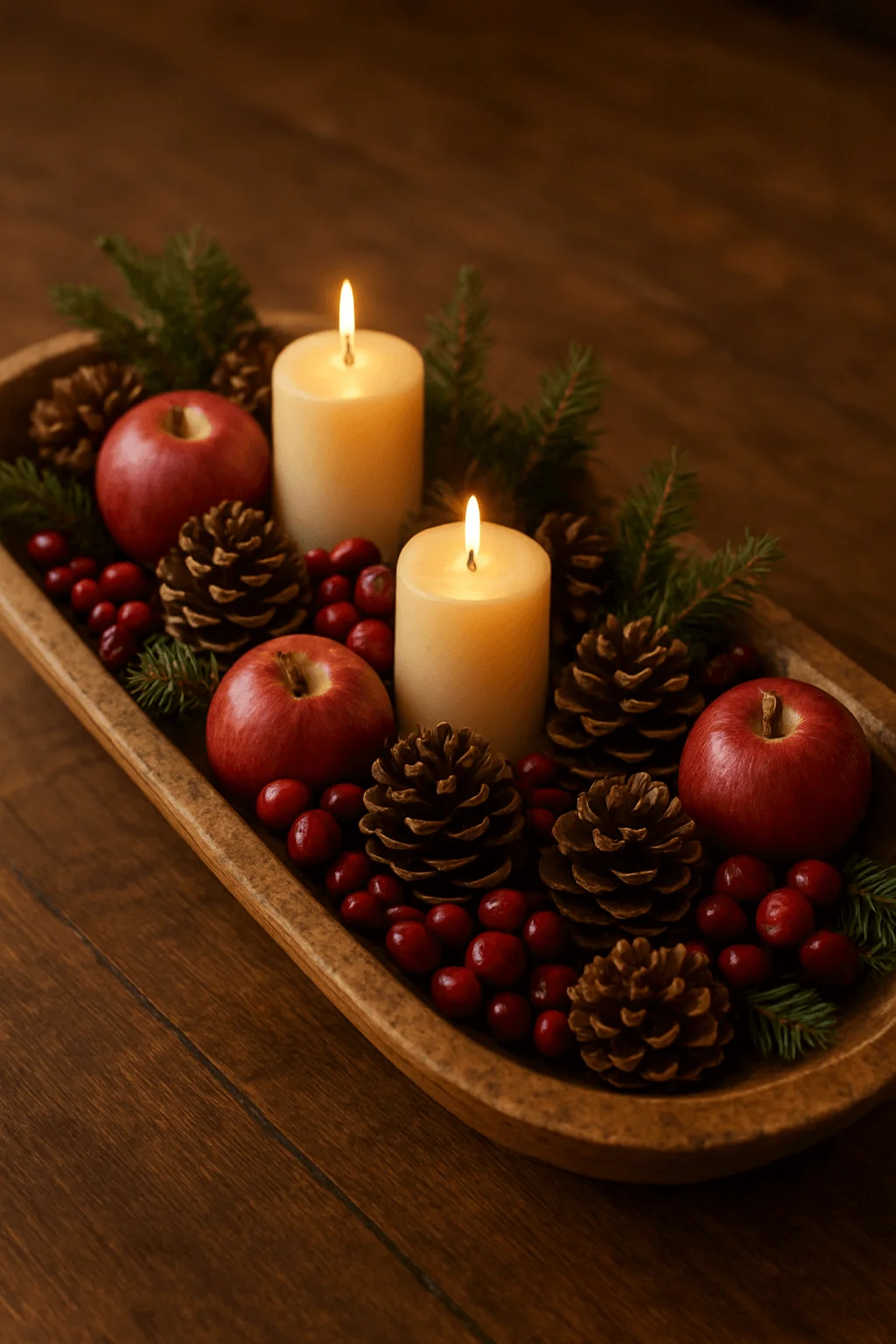 Rustic Christmas centerpiece with glowing candles, pinecones, apples, cranberries, and evergreen sprigs arranged in a wooden tray on a farmhouse table.